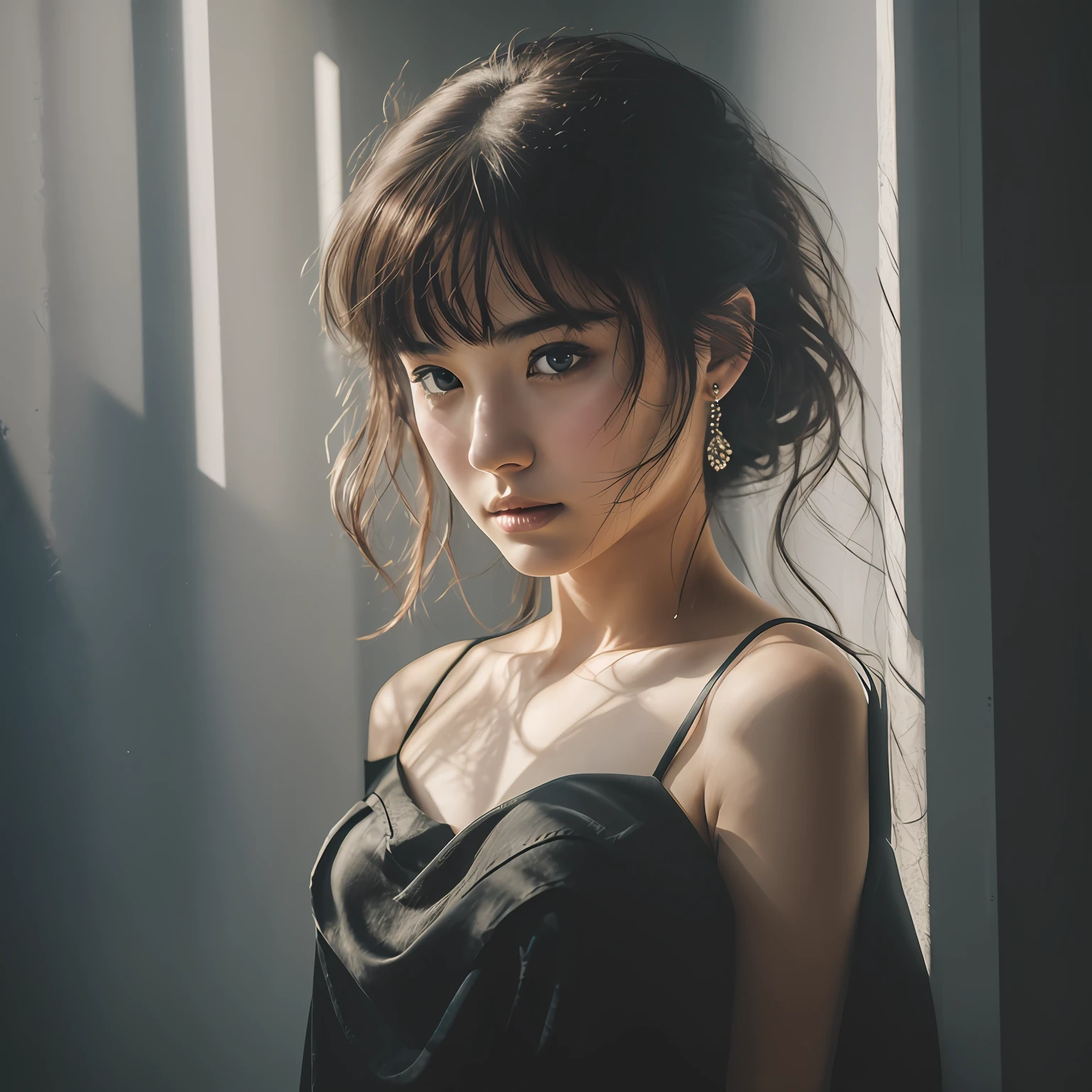 Best quality, masterpiece, ultra high res, (photorealistic:1.4), raw photo, 1girl, offshoulder, in the dark, deep shadow, low key, cold light --auto