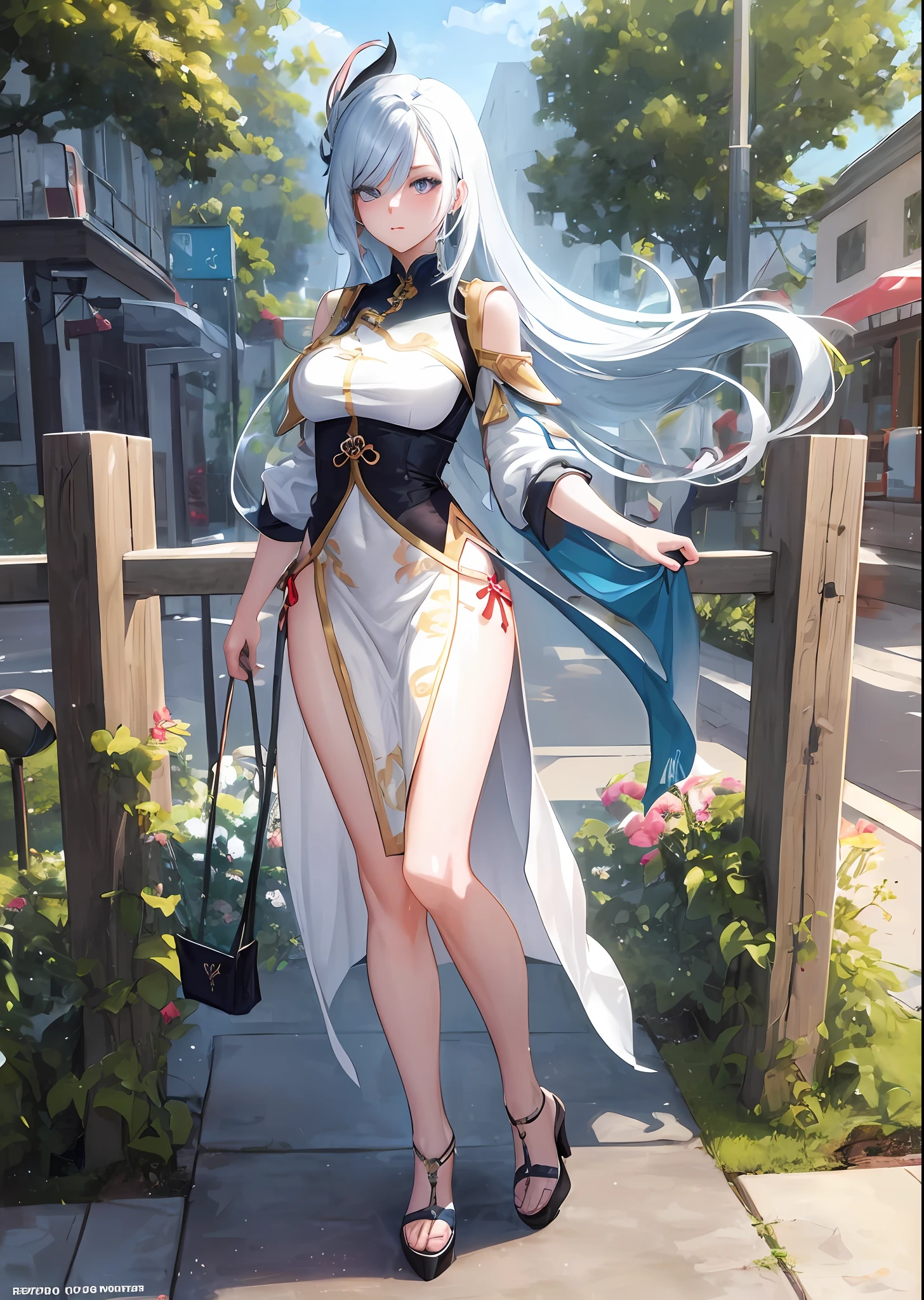 A woman in a white dress stands on the sidewalk next to the fence, Extremely detailed Artgerm, cute anime waifu in a nice dress, trending on cgstation, Beautiful character painting, beautiful and seductive anime woman, IG model | Art germ, white-haired god, Guviz-style artwork, 2. 5 D CGI anime fantasy artwork