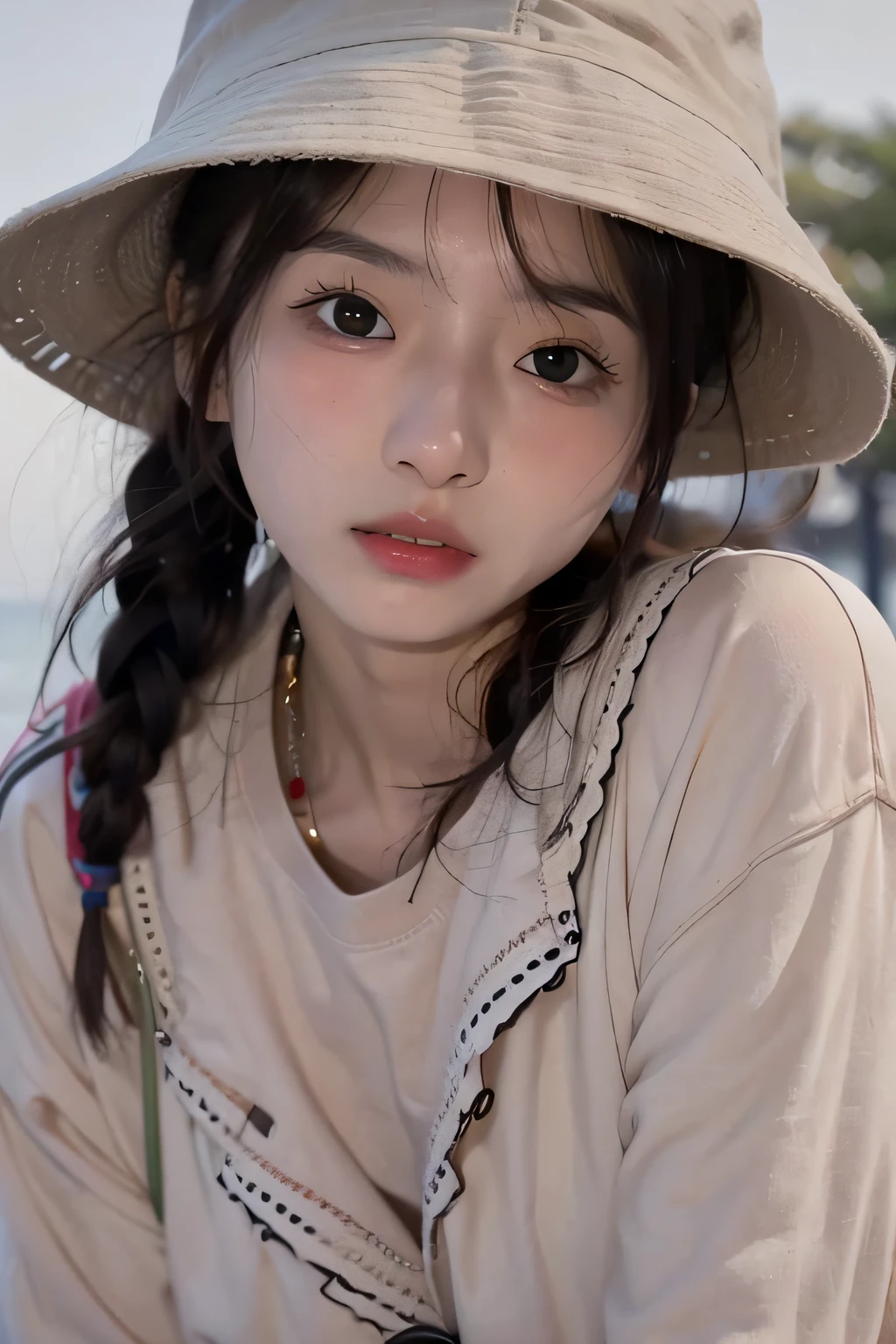 Arafeld woman sitting on beach wearing hat, ulzzangs, girl cute-fine face, portrait cute-fine-face, 🤤 girl portrait, young lovely Korean faces, young cute wan asian face, Korean girl, with cute - fine - face, south east asian with round face, cute-fine-face, Cute - fine - face