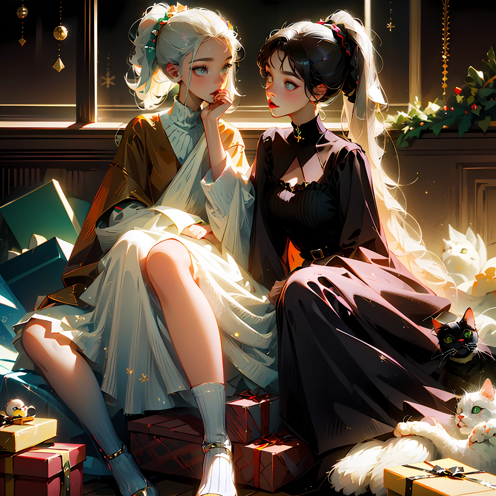 s girl,High ponytail,There is love in the eyes,perfect bodies,onbed,duck sitting,Black collar,Cat-eared cat tail,Christmas outfits,White stockings --auto