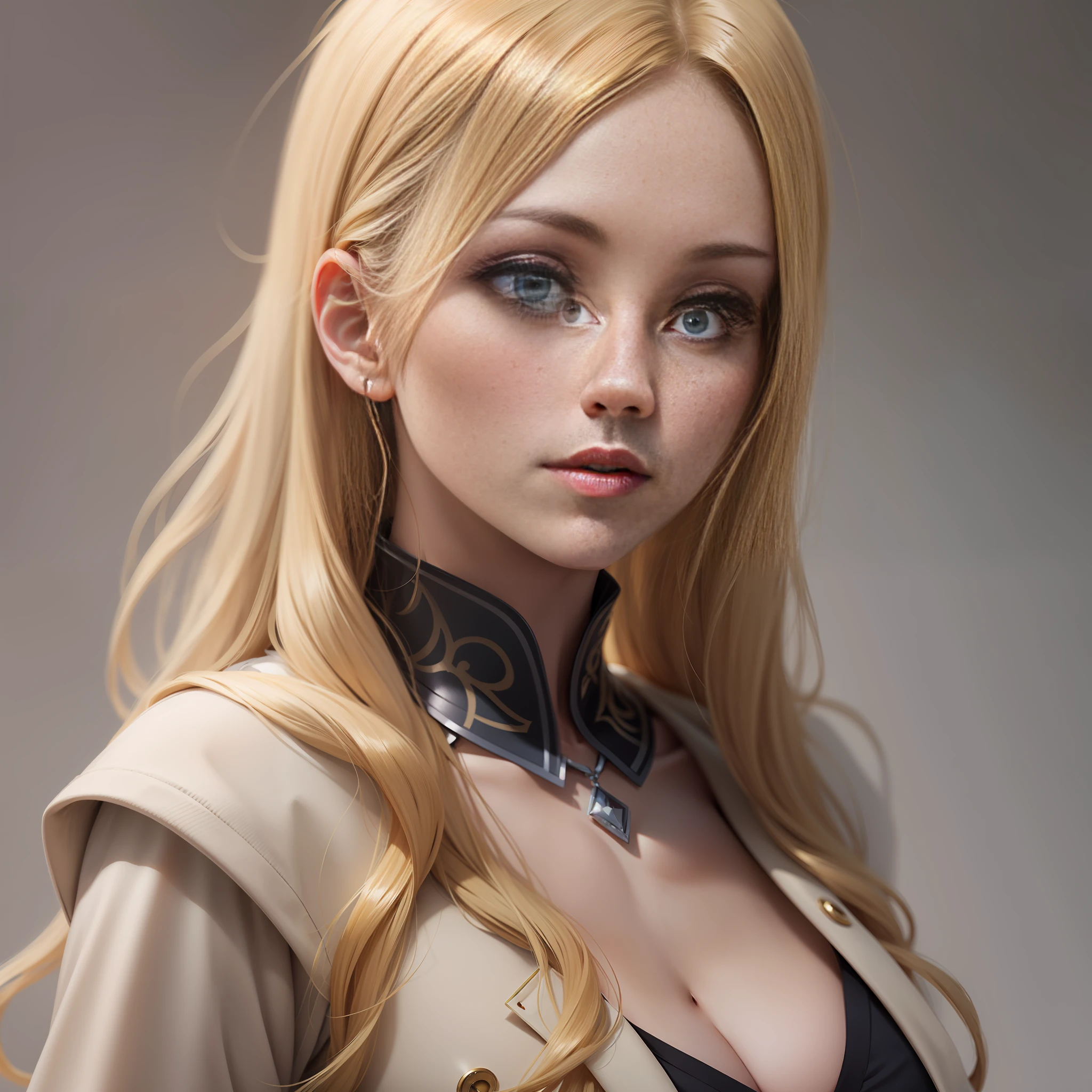 blond girl, white skinned+Redcoat:1.2, Standing posture,Refined face,Bright eyes,Ambience:Sunny and sunny, Plain white background)