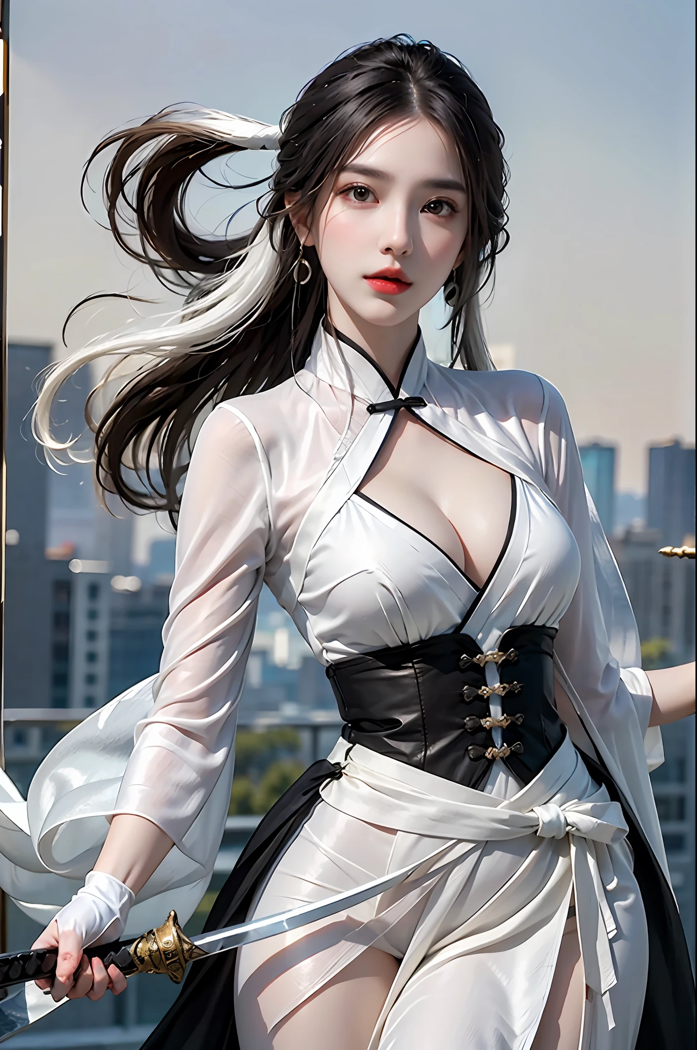photorealistic, high resolution, 1 girl, hips up, white hair, beautiful eyes, sword, jewelry, earrings, black_hair, breasts, solo, gloves, holding_weapon, holding_sword, medium_breasts, chinese clothes, hanfu
