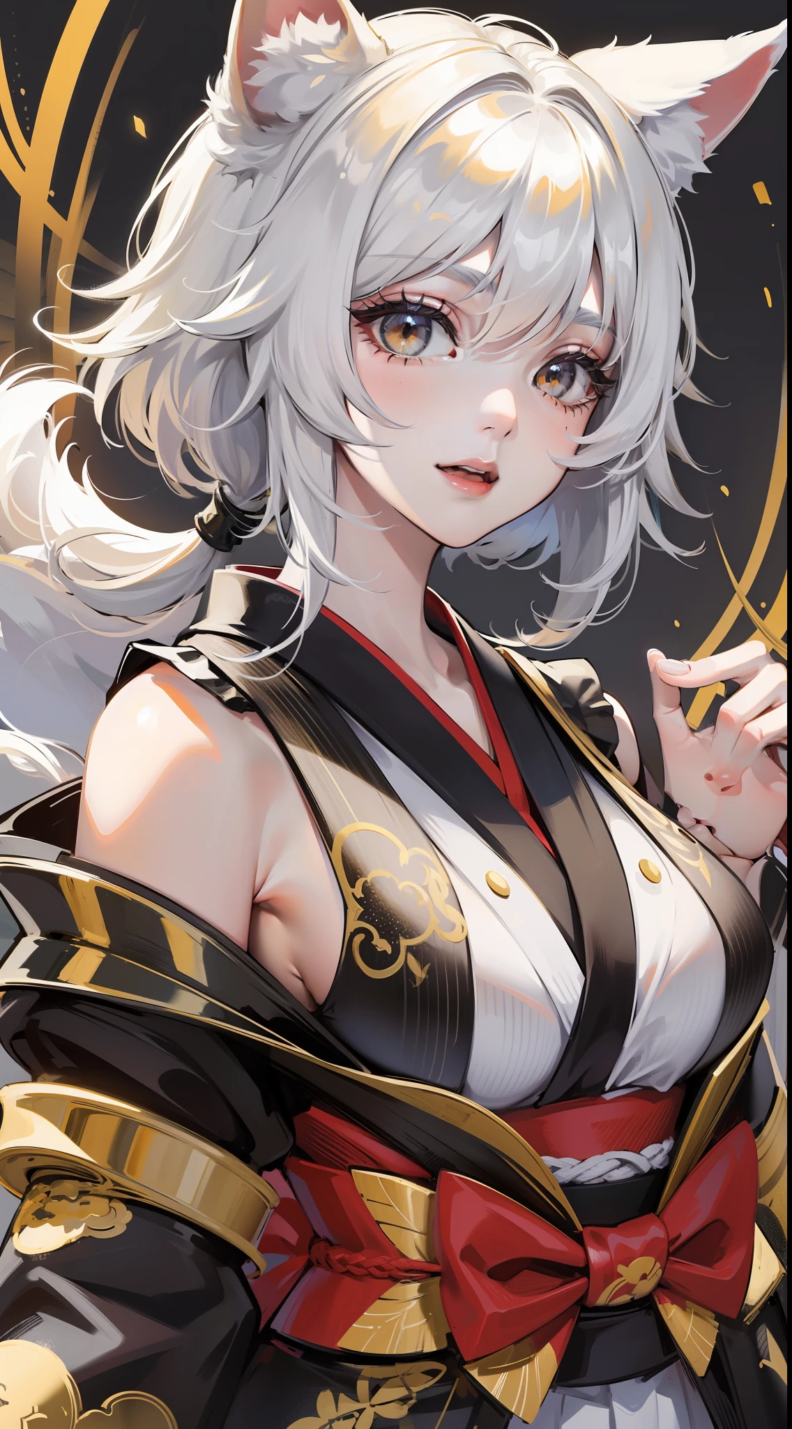 Adult woman, short white hair, Fox ears, Fox tails, golden eyes, black whites of the eyes, kimono, ssmile, Masterpiece, hiquality