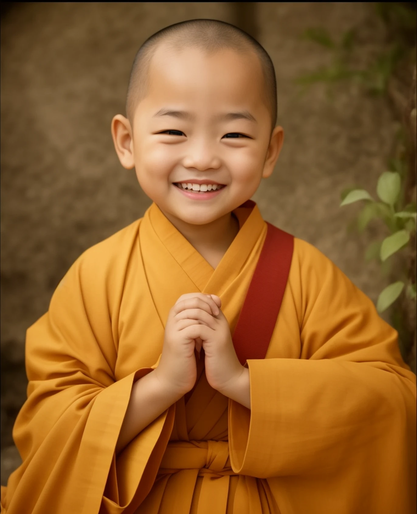 Cute  monk，largeeyes,The yellow-robed Alavid child d and gestured, happy and spirited expression, With a happy expression, buddhist monk, Buddhist, monk clothes,, portrait of monk, portrait shooting, a serene smile, expressing joy, smiling warmly, inspired by Lü Ji, 2 1 st century monk, Buddhism, the joy of life, Serene expression，adolable，Tiger heads，