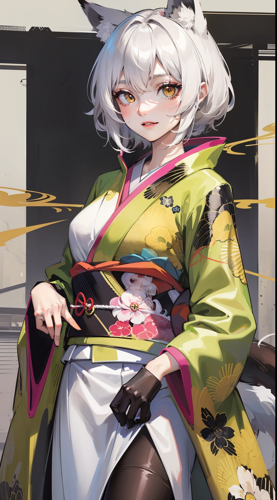 Adult woman, short white hair, Fox ears, Fox tails, golden eyes, black whites of the eyes, kimono, ssmile, Masterpiece, hiquality