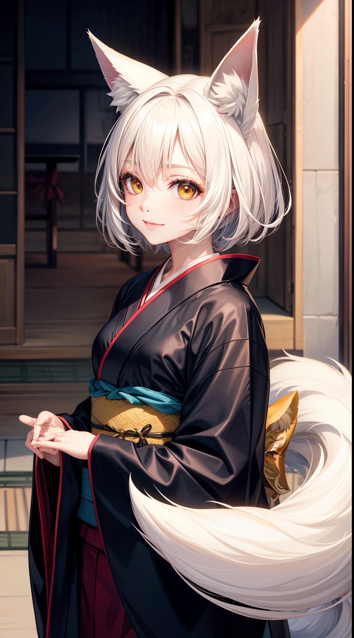 Adult woman, short white hair, Fox ears, Fox tails, golden eyes, black whites of the eyes, kimono, ssmile, Masterpiece, hiquality
