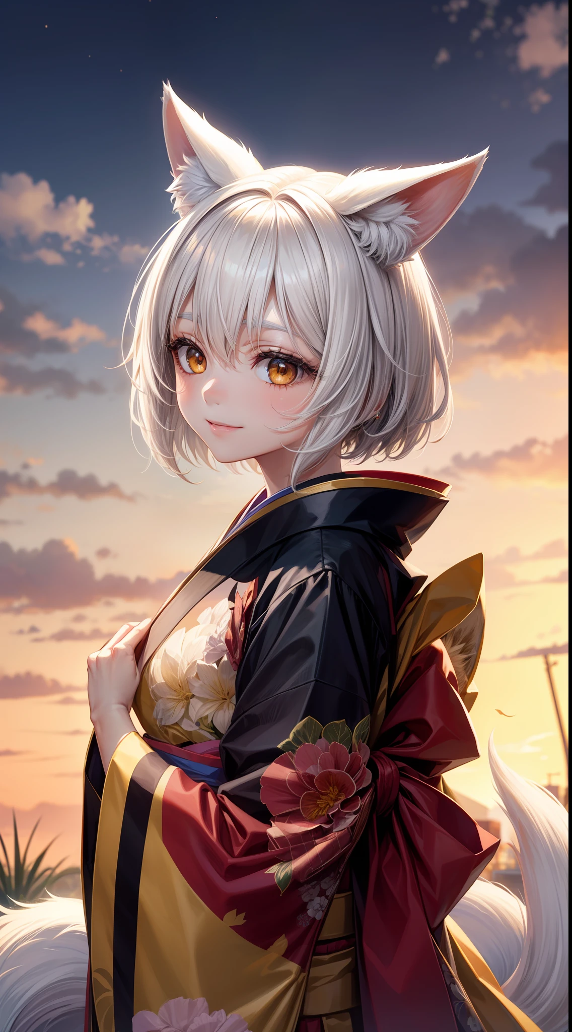 Adult woman, short white hair, Fox ears, Fox tails, golden eyes, black whites of the eyes, kimono, ssmile, Masterpiece, hiquality