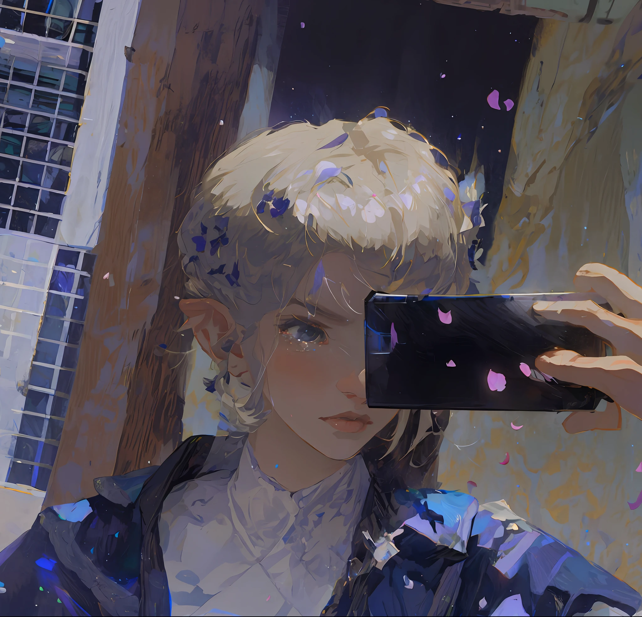 White space,Violet petals on boy's head,Fair face,blond hairbl,Long eyelashes tears,flabbiness,Blue flowers in the hand,wear white shirt、Black shoes、Reveals slender calves,Light and shadow fall from the ceiling,Freshwater powder wind,disarray