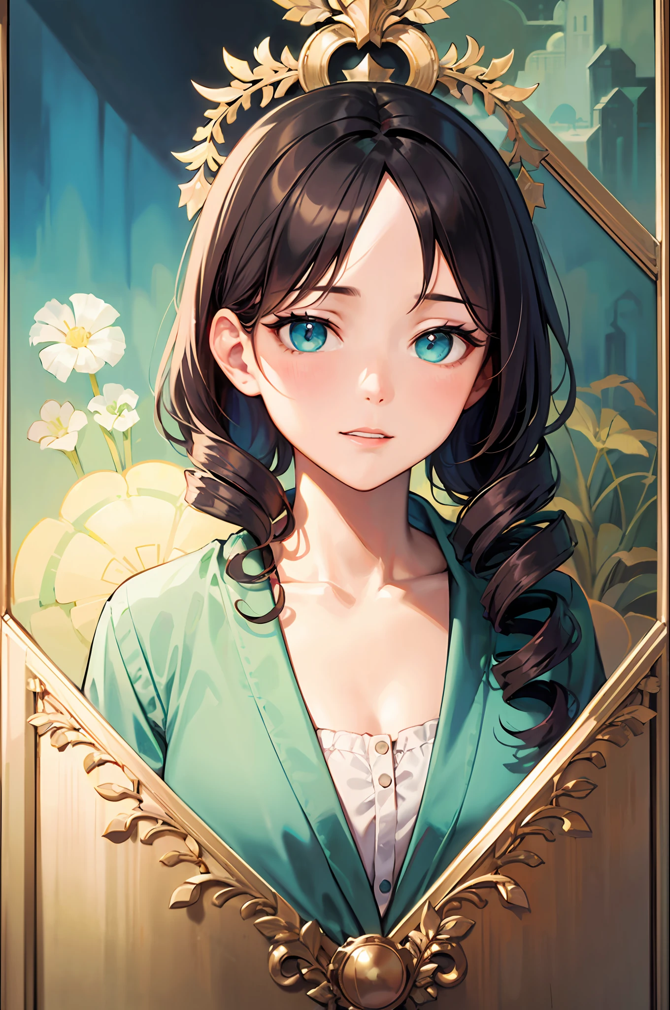 schoolboy,brunette color hair,cyan eyes,Single-sided drill bit rolls,Tie-up hair on one side,Low ponytail,Parted bangs,shairband,Bad laughs,European aristocrats,Decorative panels,abstract artistic,Alphonse Mucha(tmasterpiece,best qualtiy,A high resolution:1.4),A detailed,complexdetails,4K,splash of color,line art,Fibonacci,
