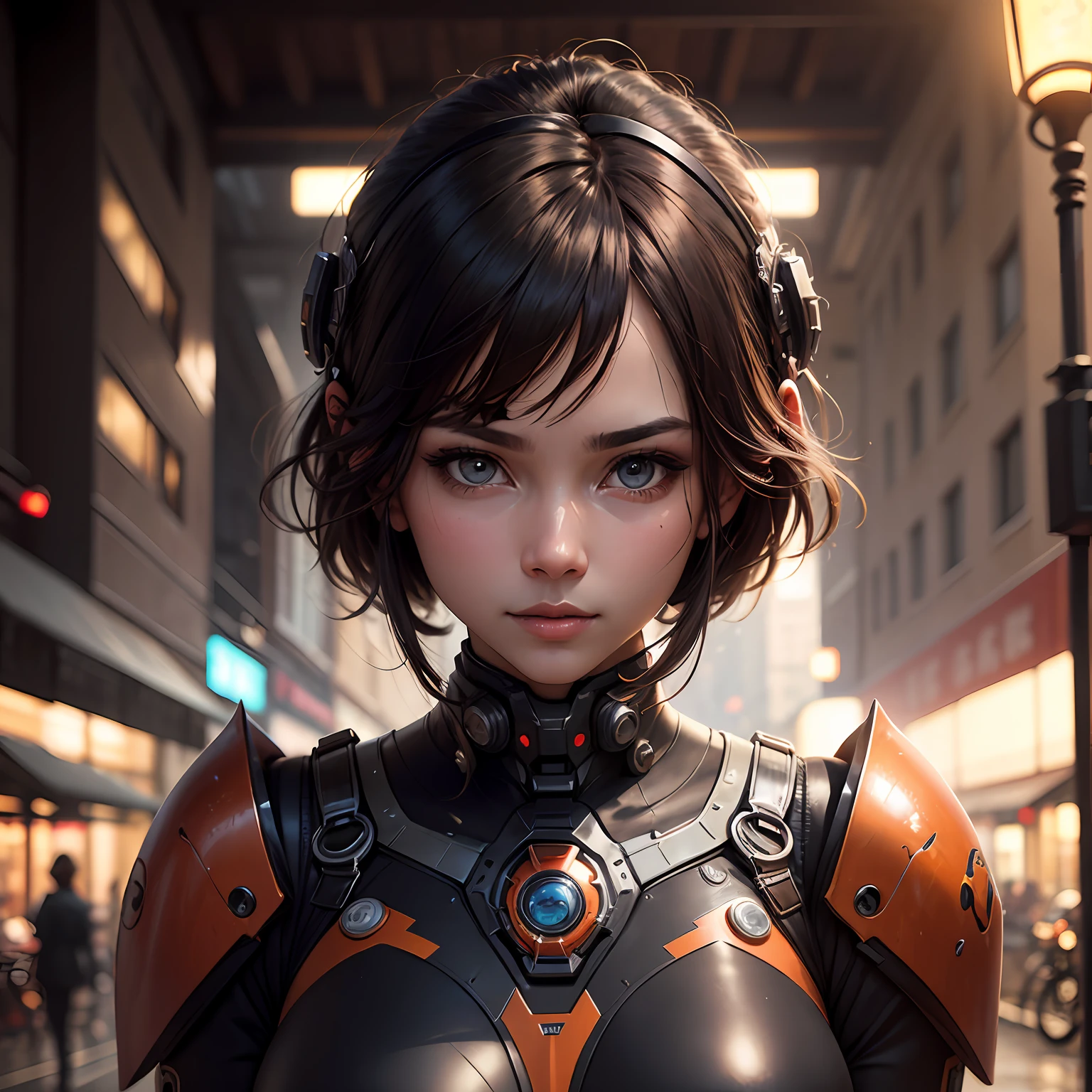 Wearing a mech suit、Portrait photo of beautiful girl，（（Light bokeh）），iintricate，（Steel metal [rust]），ellegance，tack sharp focus，photography of：greg rutkowski，gentlesoftlighting，vivd colour，tmasterpiece，（（the street） )), 详细的脸 --auto