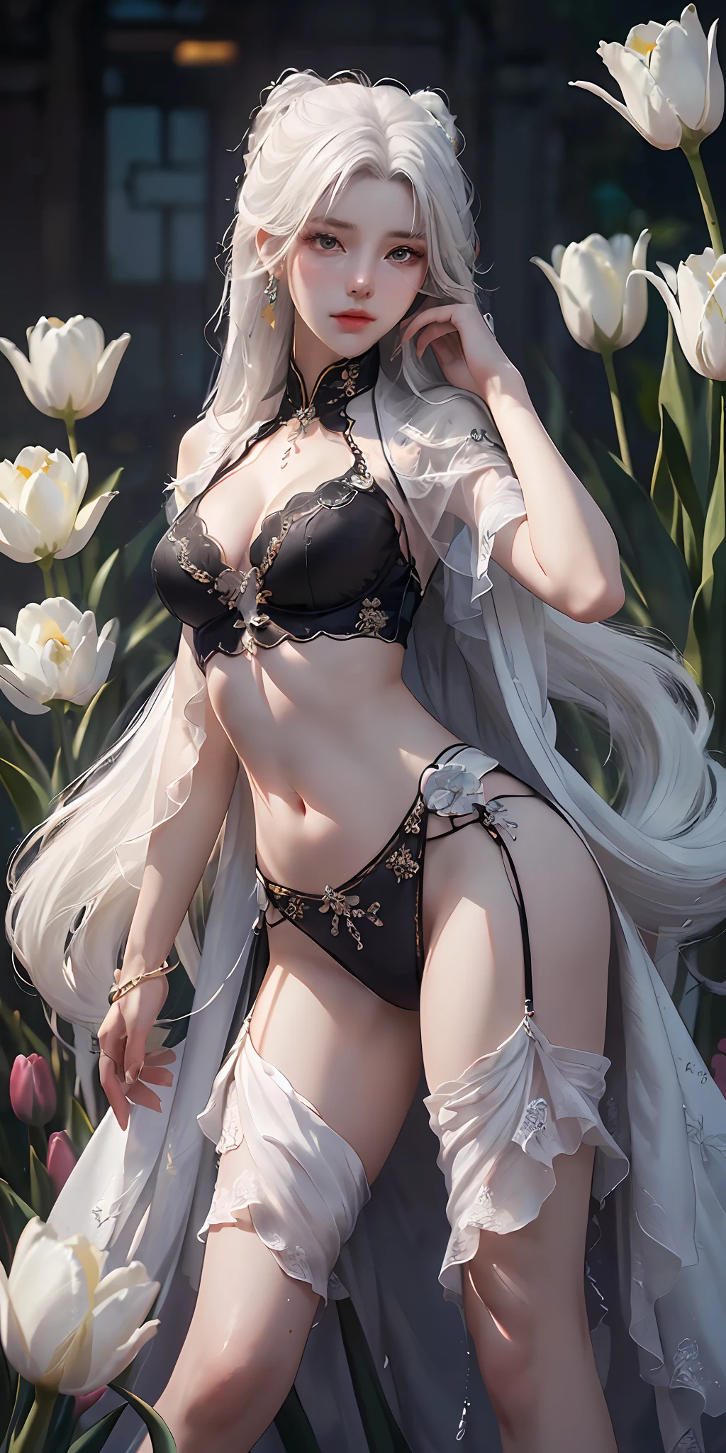 (Guvez style, Belle peinture de personnage, Epic and beautiful character art, Stunning character art) + (White-haired woman:1.2) + (Yang J:1.2, FAN Qi, Wu Zhun Shifan) + (tulips, Gemstone embellishment) + (Hollow clothes, leaky belly button, lower back:1.1),The focus is on the legs