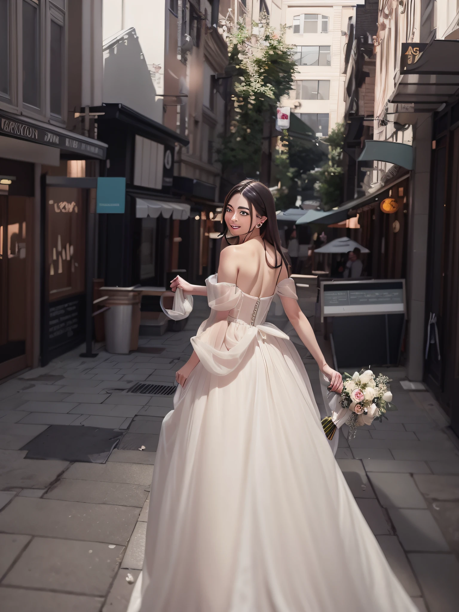 bride in white dress walking down a city street with a bouquet, wearing a wedding dress, wearing organza gown, candid flash photography, shot on canon eos r 5, shot on canon eos r5, 🤬 🤮 💕 🎀, inspired by Sydney Carline, dressed beautiful gown, shot with canon eoa 6 d mark ii, shot on leica sl2 --auto