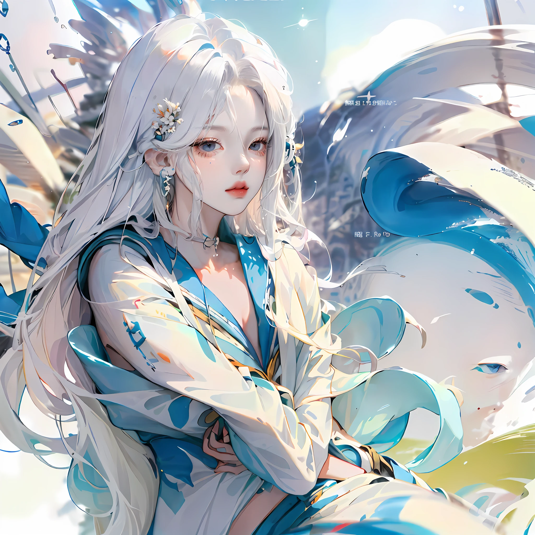 (adolable，delicated)，HD 8K wallpaper，the soft light，Sky blue，Cute little animals and flowers surrounded，Deep imaging，blur backgroun，Childlike，A variety of color combinations。