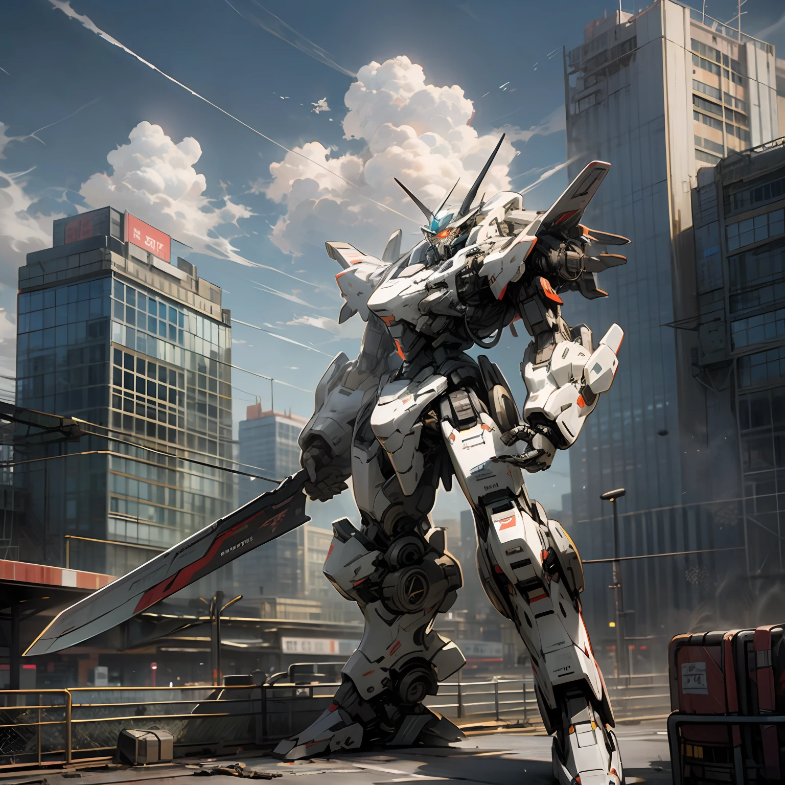 sky, cloud, holding_weapon, no_humans, glowing, , robot, building, glowing_eyes, mecha, science_fiction, city, realistic,mecha --auto