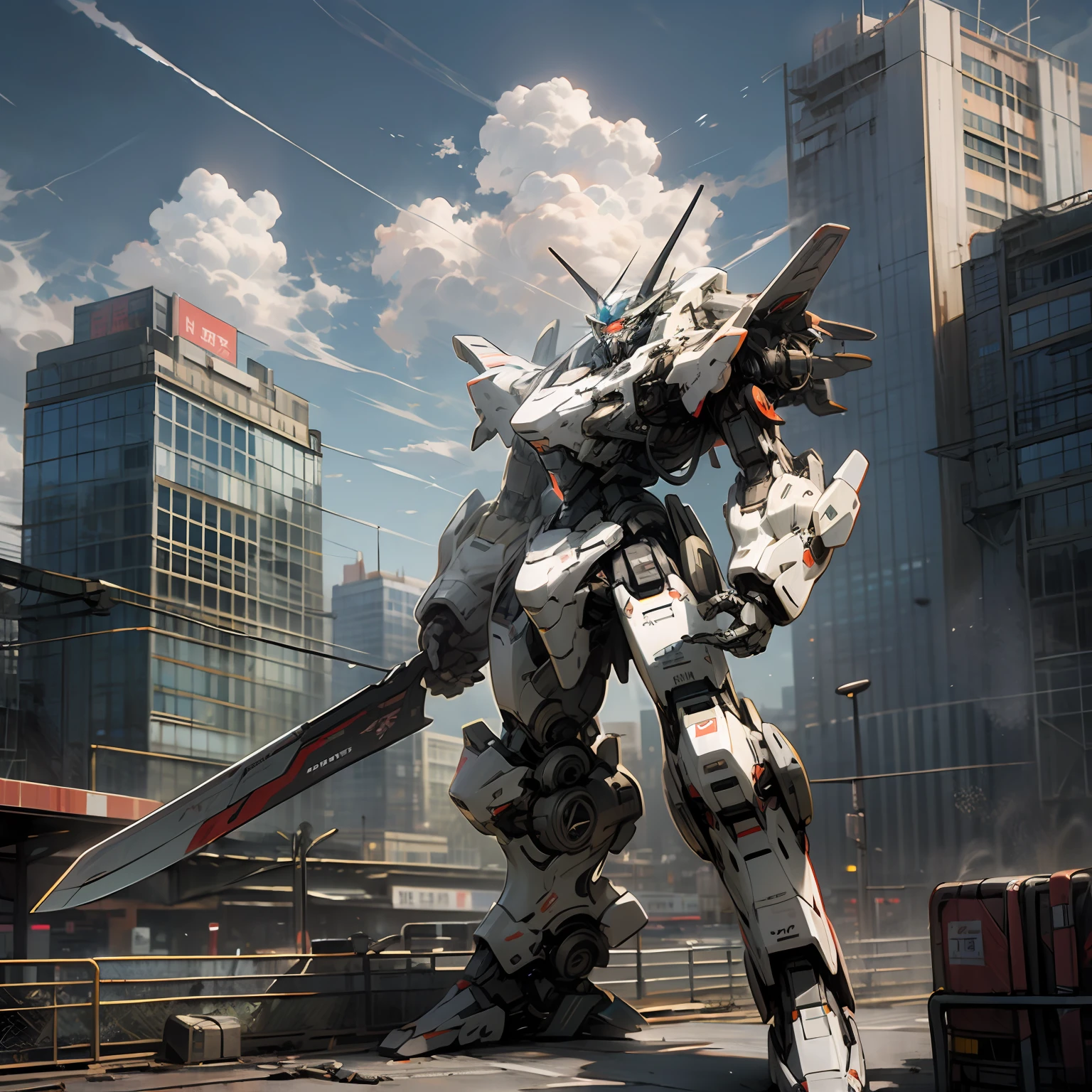 sky, cloud, holding_weapon, no_humans, glowing, , robot, building, glowing_eyes, mecha, science_fiction, city, realistic,mecha --auto