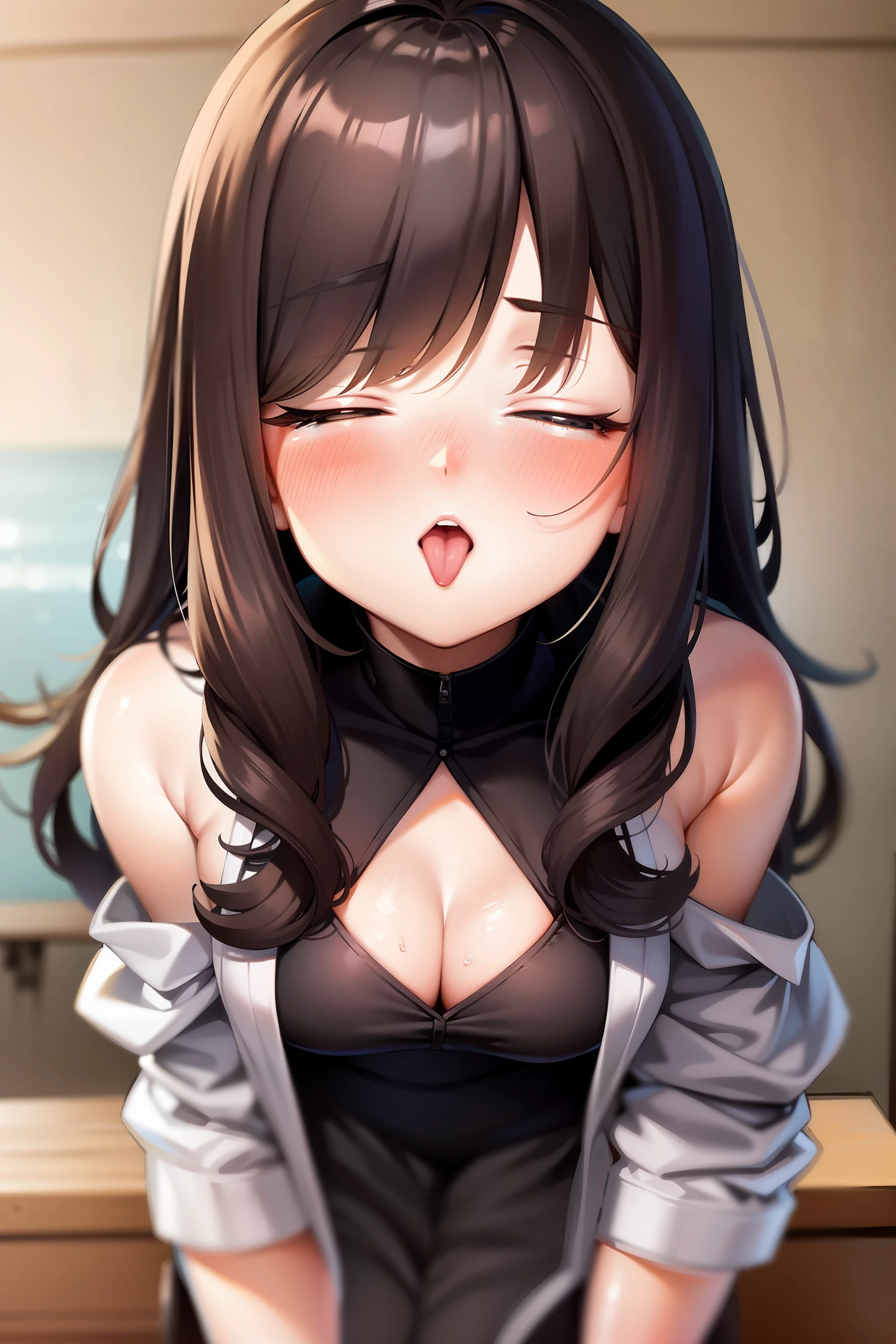 Blushing shy girl，Very wide open mouth，Stick out your tongue，White viscous liquid，closeup of face