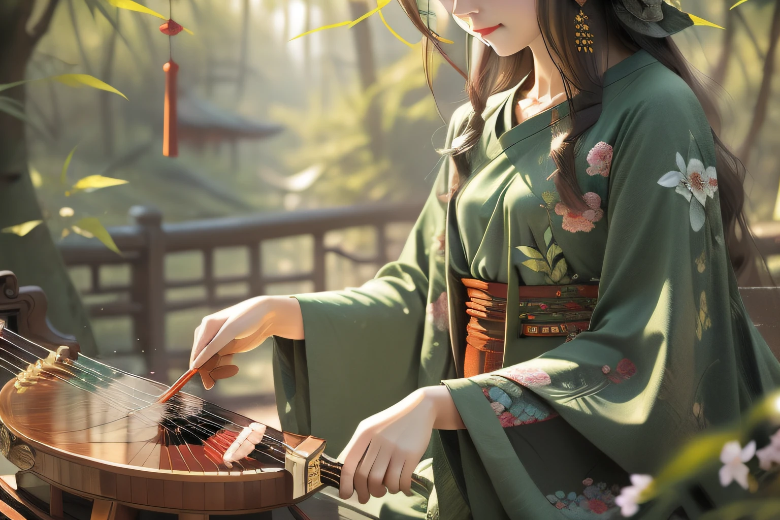{National Style Series Close-up}:The fingers of the girl in the green dress gently plucked the strings of the guzheng,The sound of the piano flows like a spring,It is full of peace and quiet。Bamboo forest in background