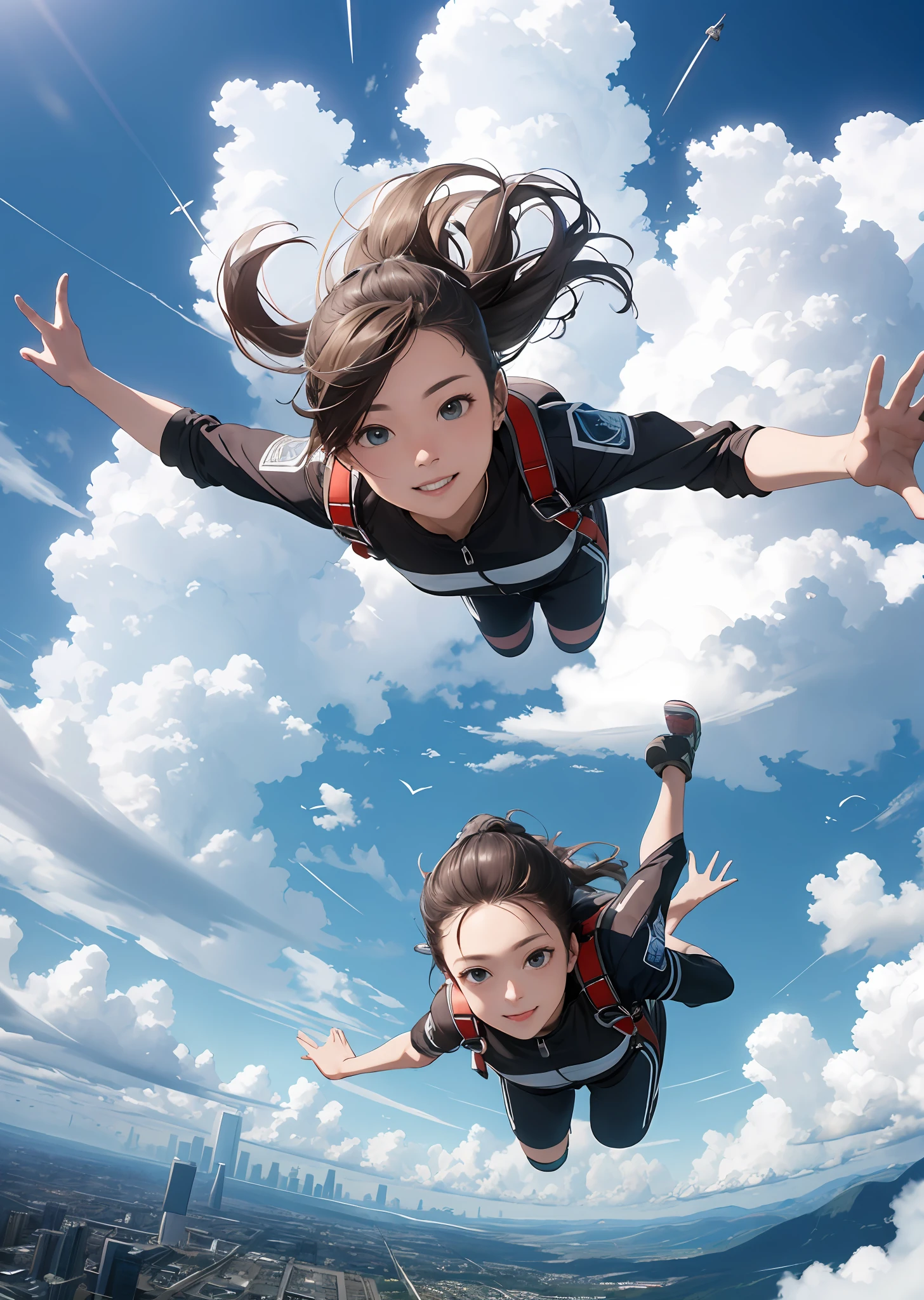 Vast sky、the beautiful skyline、cumulonimbus clouds、skydiving、one beautiful women、Hair that flutters in the wind、frombelow