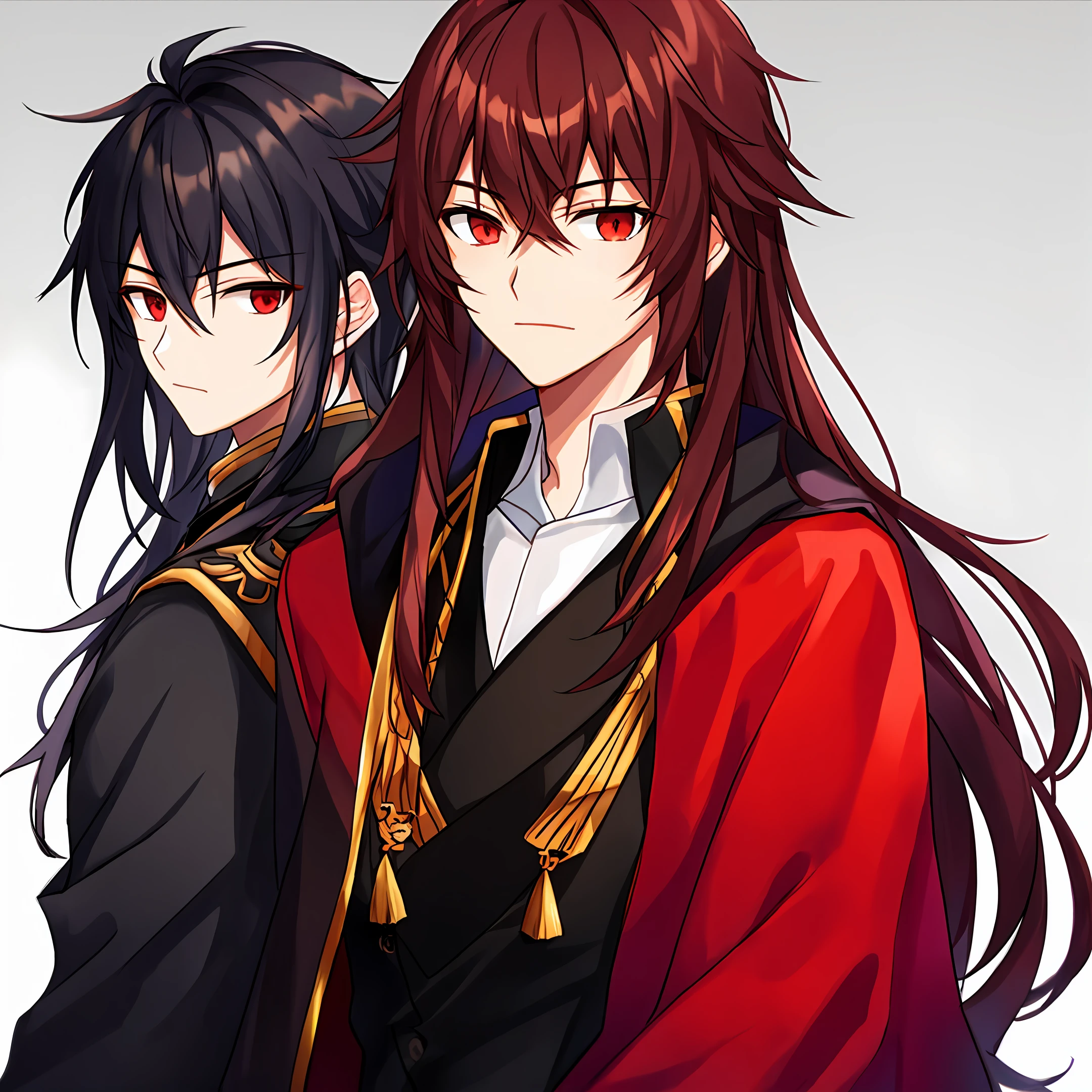 male people,Red eyes,Black and gold robe,Asian people,Red long-haired