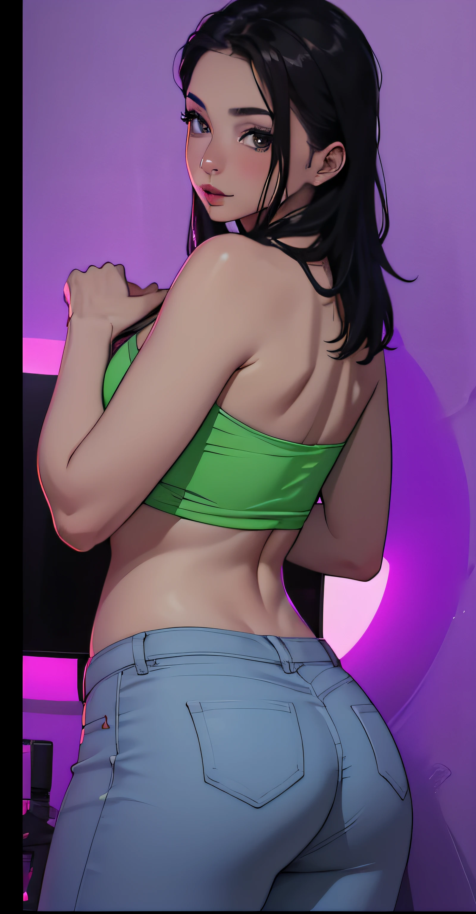 verano, DESIERTO, nubes rosadas, A land covered with roses meets beautiful girl, James Gurney, rendered art station, lente ultra gran angular, Hi-Def. Un primer plano de una mujer con un top verde y pantalones azules, Thicc, Sexy cuerpo caliente, cuerpo sexy, Vista posterior, sexy girl, shot from behind, close-up shot from behind, neon edges on bottom of body, pose sexy, hot petite teen girl, View from behind, showing her shoulder from back, look sexy, Brillando con luz de color