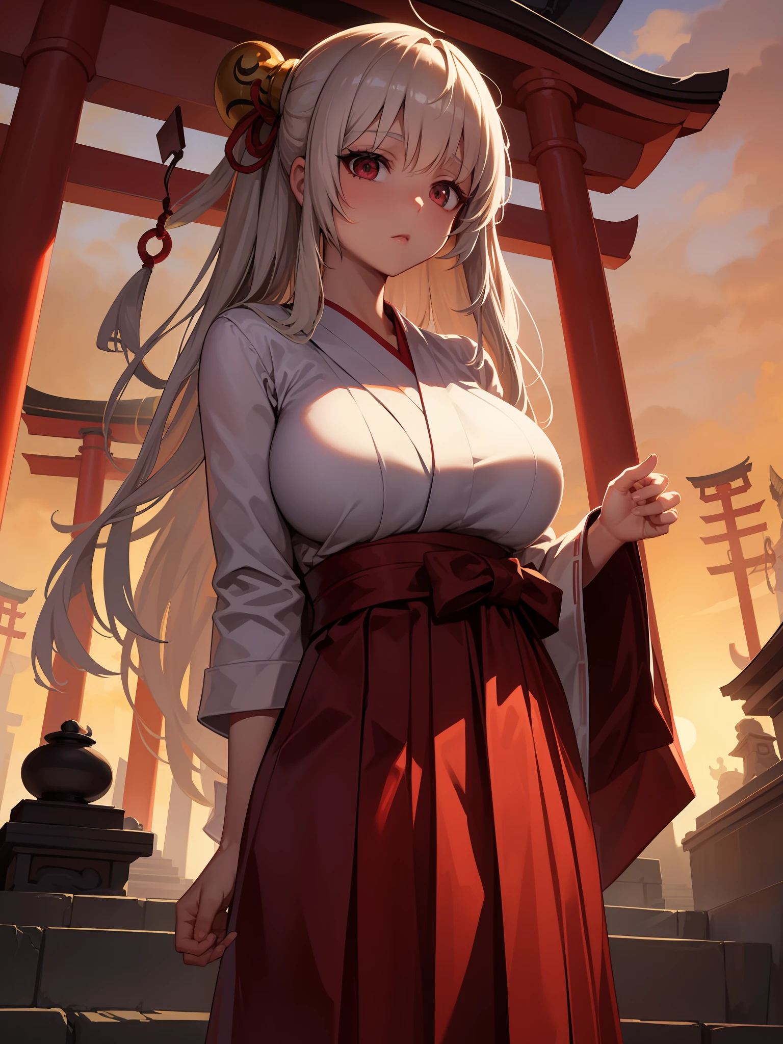 (masterpiece:1.2, best quality), (dinamic lighting) 1lady, solo, long hair, big breasts, hakama, red skirt, (shiny skin:1.2), upper body, torii, temple