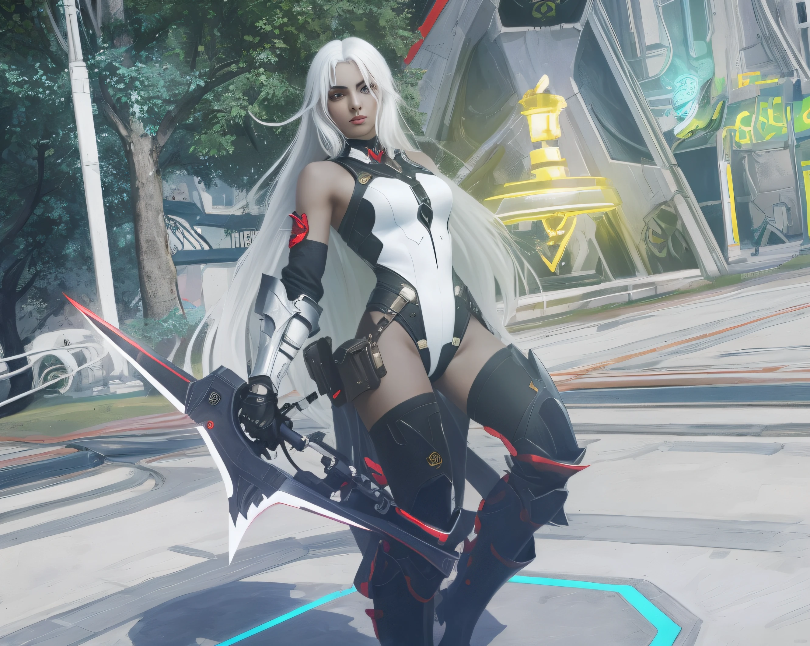 ((masterpiece,best quality)), Dark Elf woman with long white hair, in white black and red high tech leotard, black and red leg armor, black red and white gauntlets, holding Sci-fi daggers, in a futuristic town, realistic art style, intricate details