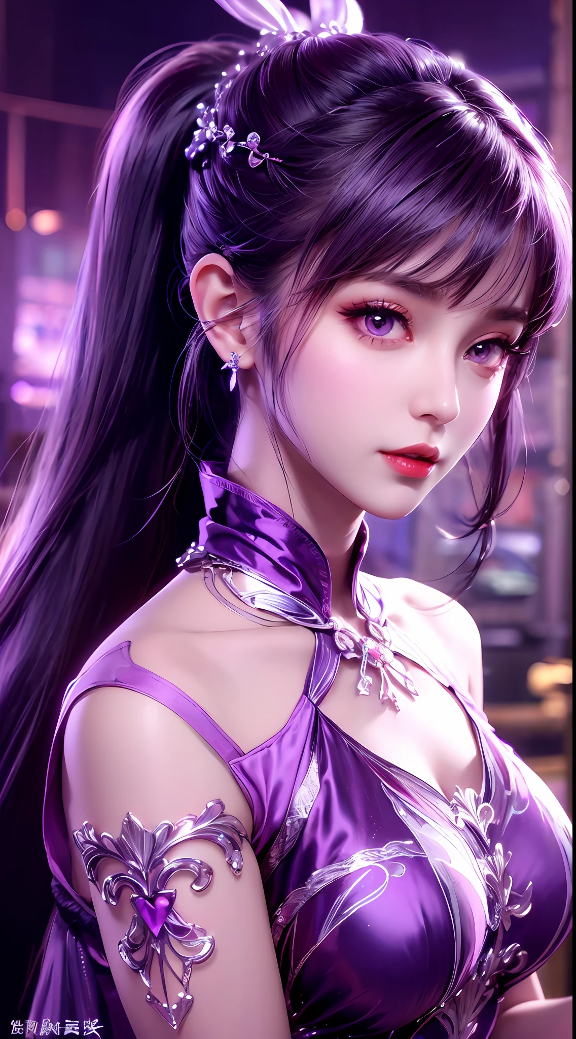 1 very beautiful girl in hanfu dress, thin purple silk shirt with many white motifs, white lace top, long bangs and long ponytail in purple platinum, gorgeous hair jewelry, pretty face and cute, flawless face, earring jewelry, light purple bunny ears, neck jewelry, big purple eyes drawn meticulously, meticulous makeup, thin eyebrows, high nose, red lips pretty, no smile, pursed lips, rosy cheeks, wide breasts, big breasts, well-proportioned bust, slim waist, purple mesh socks, Chinese hanfu style, fictional art patterns, vivid colors and legs real , RAW photo, realistic photo, ultra high quality 8k surreal photo, (fantasy light effect: 1.8), 10x pixels, magic effect (background): 1.8), super detailed eyes , beautiful girl upper body portrait, girl alone, ancient hanfu background, looking directly at the audience, wide original photo, 8k quality, super sharp, most detailed and clear picture, bright colors , even light, detailed light background,