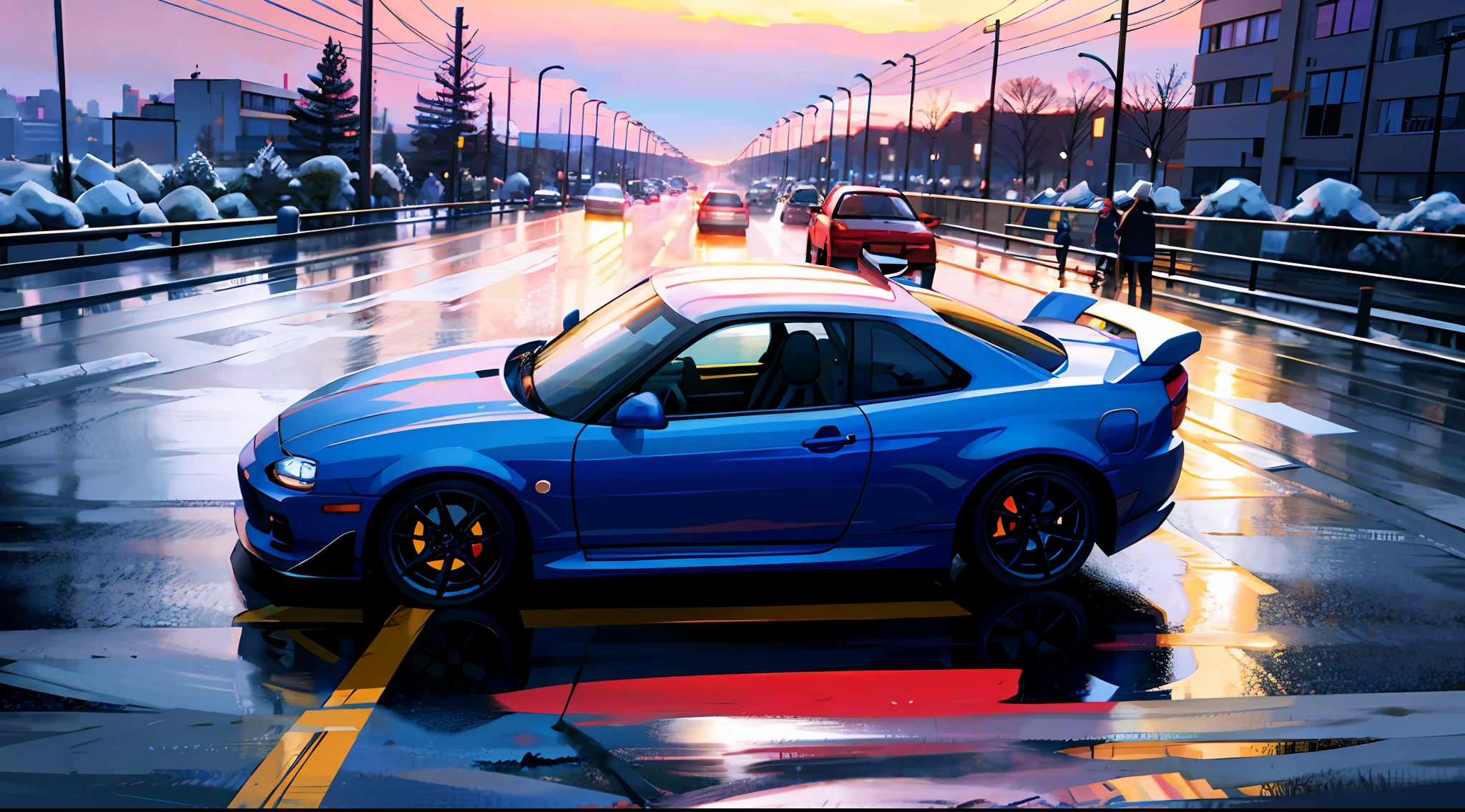 Obra maestra,La mejor calidad,Arte Oficial,fondo de pantalla CG 8k extremadamente detallado,illustration,luz,Arte Oficial,fondo de pantalla CG 8k extremadamente detallado,illustration,tag, en invierno,nieve, Hermoso cielo detallado, luz,bosque,carretera, al aire libre,1coche, (car:1), ground vehicle, Coche deportivo, Nissan, GTR, skylineR34,Mazda,RX-7,Subaru,empresa,WRX, Mitsubishi, Tirar,Here,Porsche,turbo, Ruedas plateadas,vehicle focus,Necesidad de velocidad,conmovedor,Wet,