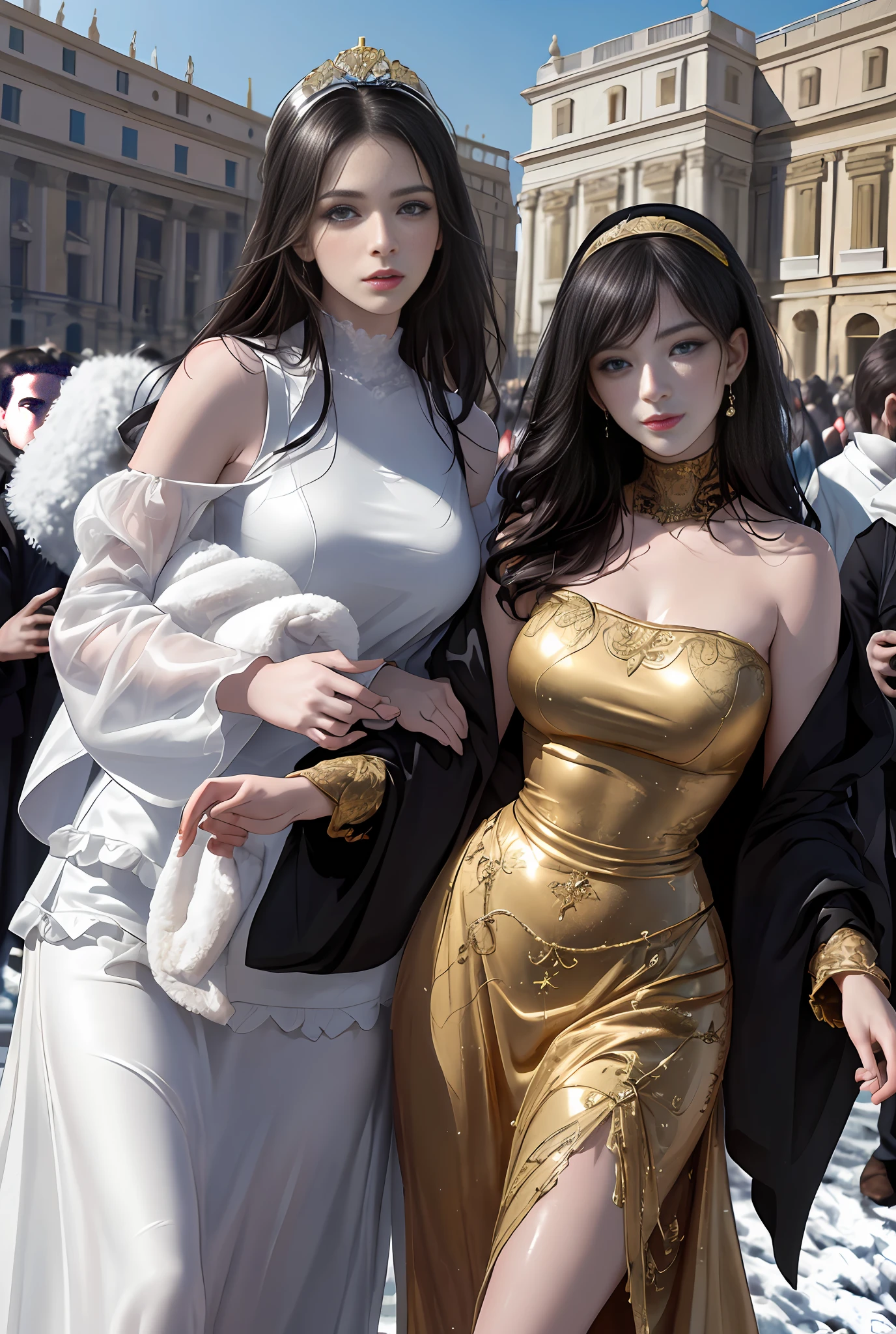 (Masterpiece, Best quality, Realistic),
2girls,duo,(on the St. Peter's Square of Vatican,crowd),winter,Snowy, gypsy dress,(Princess Eyes,shiny pupils),Dancing, Elaborate dress, gold, gypsy person, banquet, crowd, picking up skirt,Pale skin,
[Slight smile],