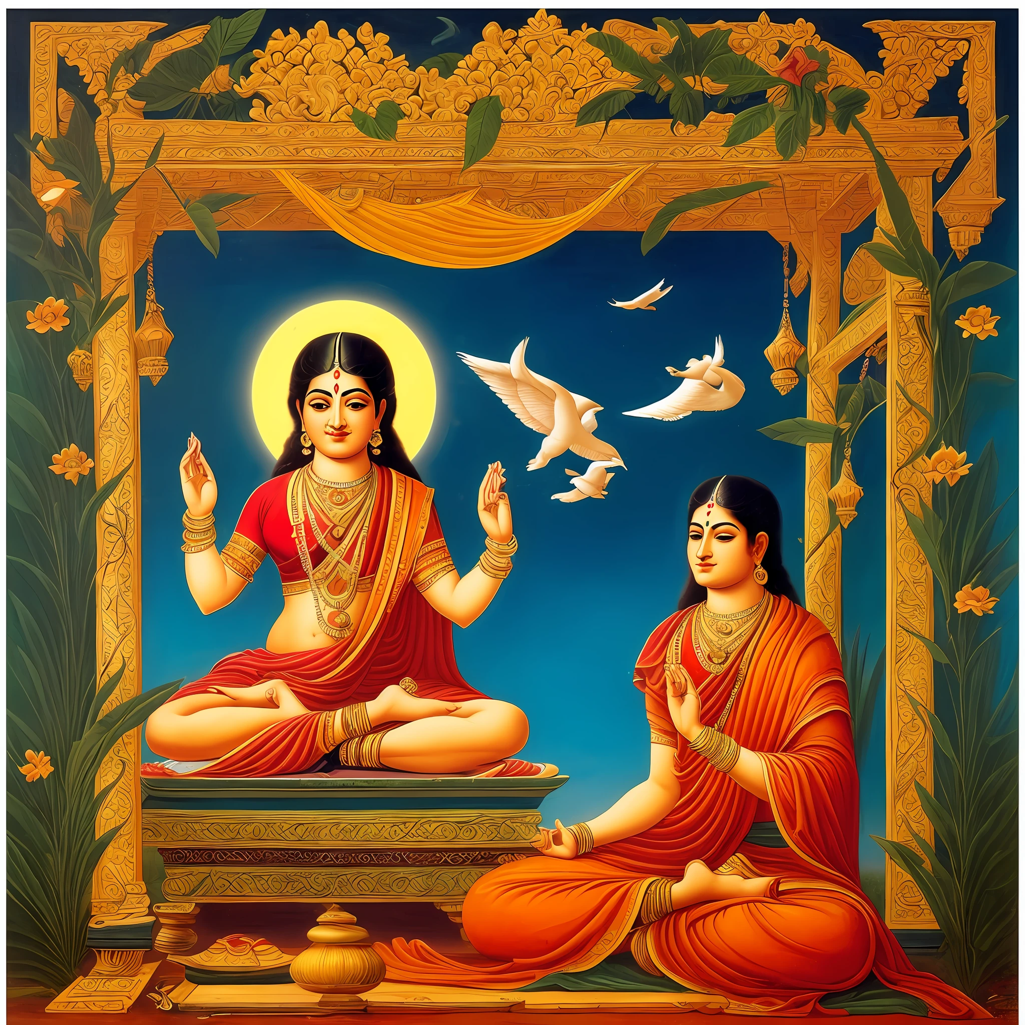 ((best quality)), ((masterpiece)), ((ultra realistic)), from ramayan, mythological painting, by Raja Ravi Varma, vishnu, hindu art, devainart, szukalski ravi varma, hindu gods, inspired by Raja Ravi Varma, beautiful intricately detailed soft oil painting of a male From their nostrils the Vedic language appeared as a ruler, 1man sitting in meditation, image of the Lord is Vedic, ((colorful magical energy flowing through the air)), rickety wooden building, by a vast water fall in the dense jungle, ((wildlife everywhere)), god rays, diffuse lighting, (comic style), --auto