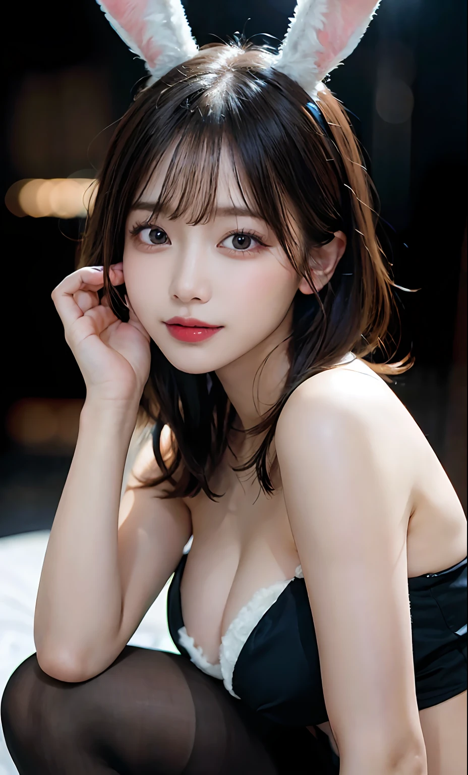 (RAW photo: 1.2), top quality, beautiful detailed girl, bunny girl, smile, short hair, highly detailed eyes and face, beautiful detailed eyes, huge file size, high resolution, high resolution, 8k wallpaper, fine detail, highly detailed ticker uniform 8k wallpaper, light on face, movie lighting, 16 year old girl, sexy pose, (photorealism: 1.4), illustration, Surrealism, from below, super detail, masterpiece, playboy bunny, fishnet pantyhose, sitting
