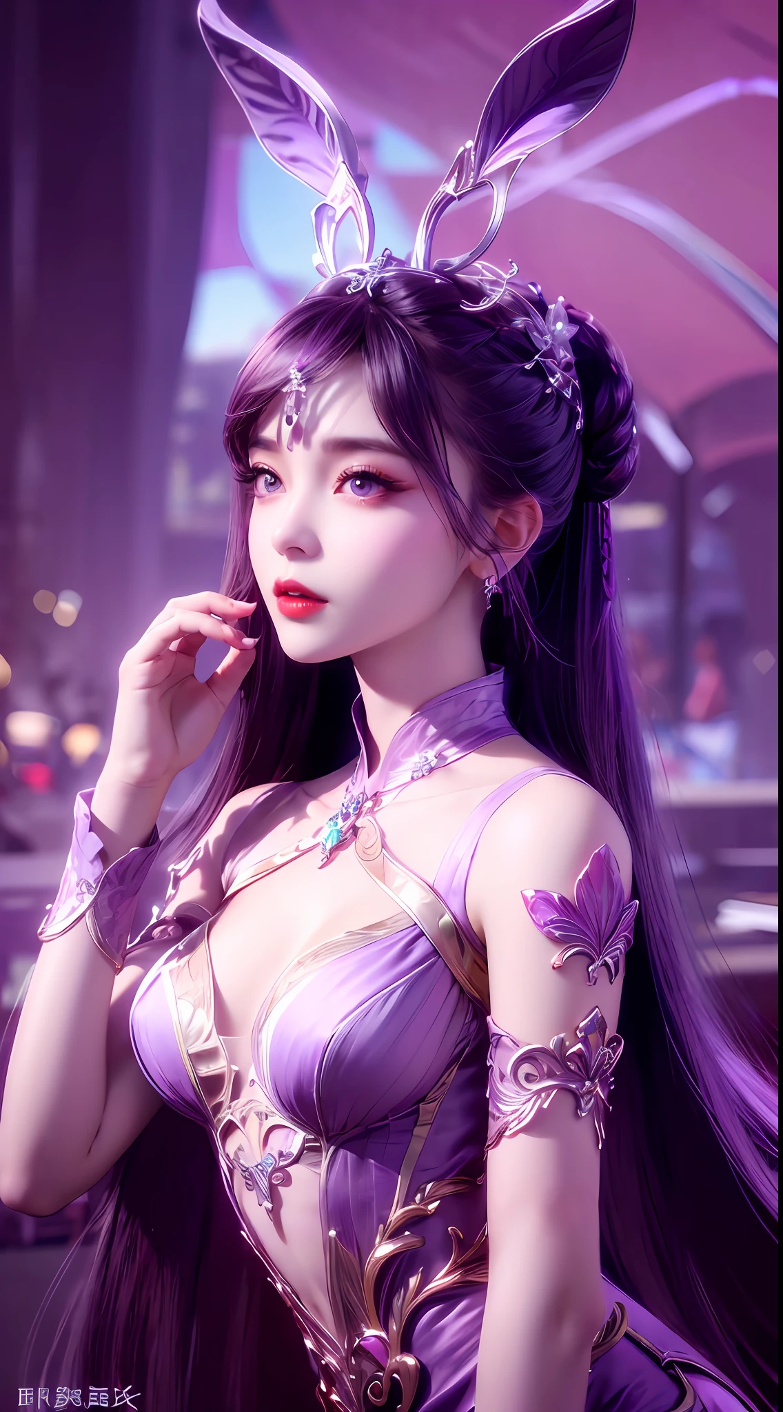 1 very beautiful girl in hanfu dress, thin purple silk shirt with many white motifs, white lace top, long bangs and long ponytail in purple platinum, gorgeous hair jewelry, pretty face and cute, flawless face, earring jewelry, light purple bunny ears, neck jewelry, big purple eyes drawn meticulously, meticulous makeup, thin eyebrows, high nose, red lips pretty, no smile, pursed lips, rosy cheeks, wide breasts, big breasts, well-proportioned bust, slim waist, purple mesh socks, Chinese hanfu style, fictional art patterns, vivid colors and legs real , RAW photo, realistic photo, ultra high quality 8k surreal photo, (fantasy light effect: 1.8), 10x pixels, magic effect (background): 1.8), super detailed eyes , beautiful girl upper body portrait, girl alone, ancient hanfu background, looking directly at the audience, wide original photo, 8k quality, super sharp, most detailed and clear picture, bright colors , even light, detailed light background,