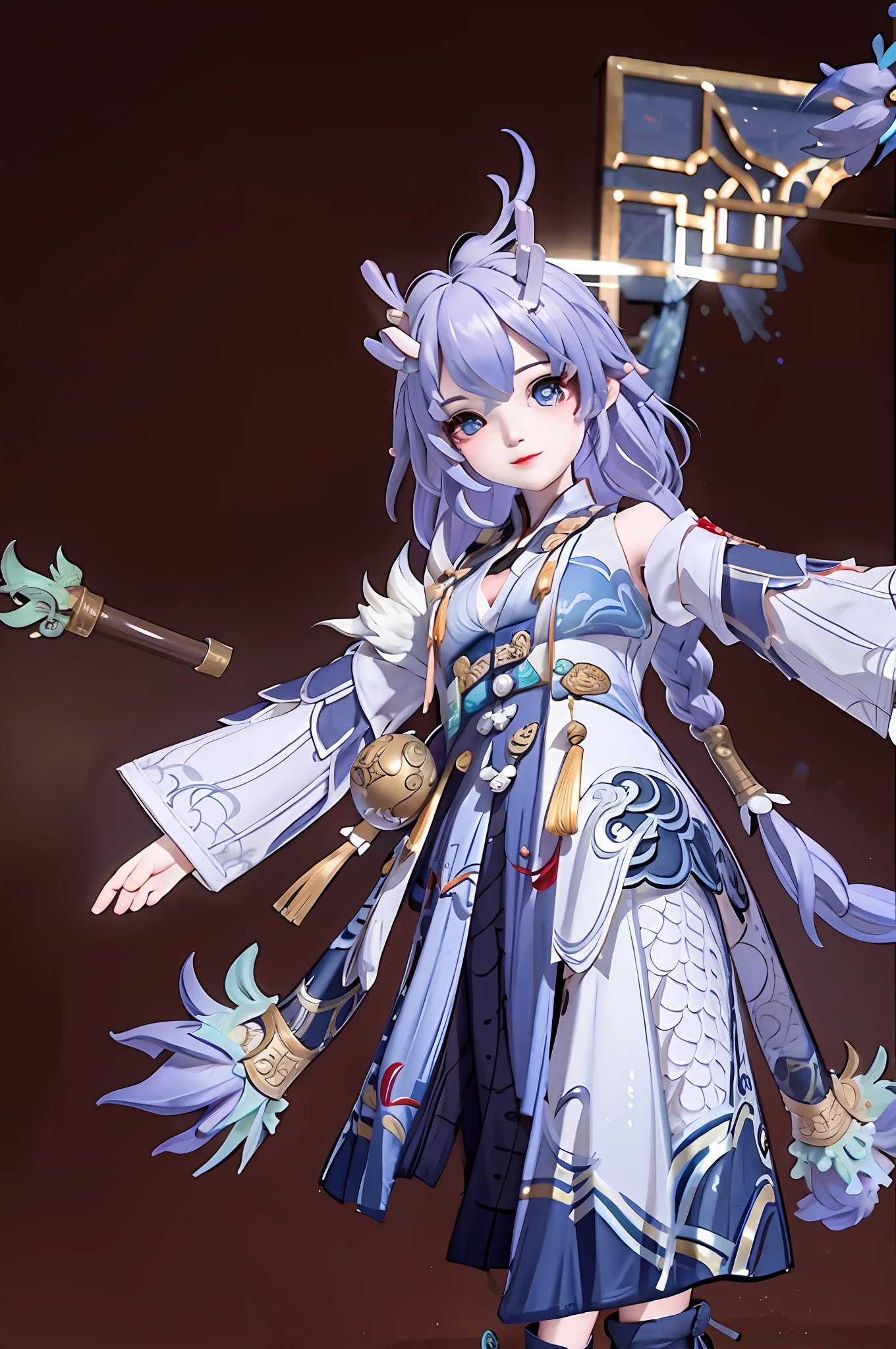 (Masterpiece),Best quality,Good anatomy,shuimobysim,(1 girl:1),(The upper part of the body),(Smile),short detailed hair,(Hanfu),(ecchi0.5),(green trees:0.5),(Flowers: 0.6) ,(wooden cabin:0.2),(bamboo forrest:0.2),(small stream:0.2),(rios:0.2),drak,Dragon tail,Dragon's horn,eBlue eyes,Gemstone eyes,Hanfu,Lori huge breasts cleavage,adolable,Fine beach background