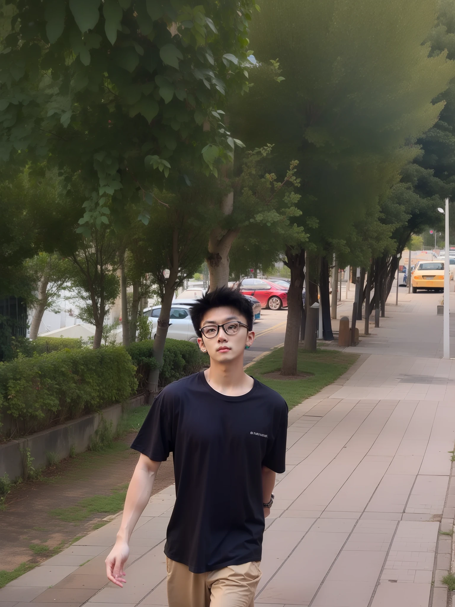 schoolboy，Midnight blue T-shirt,Wearing glasses，walk，Need，tmasterpiece