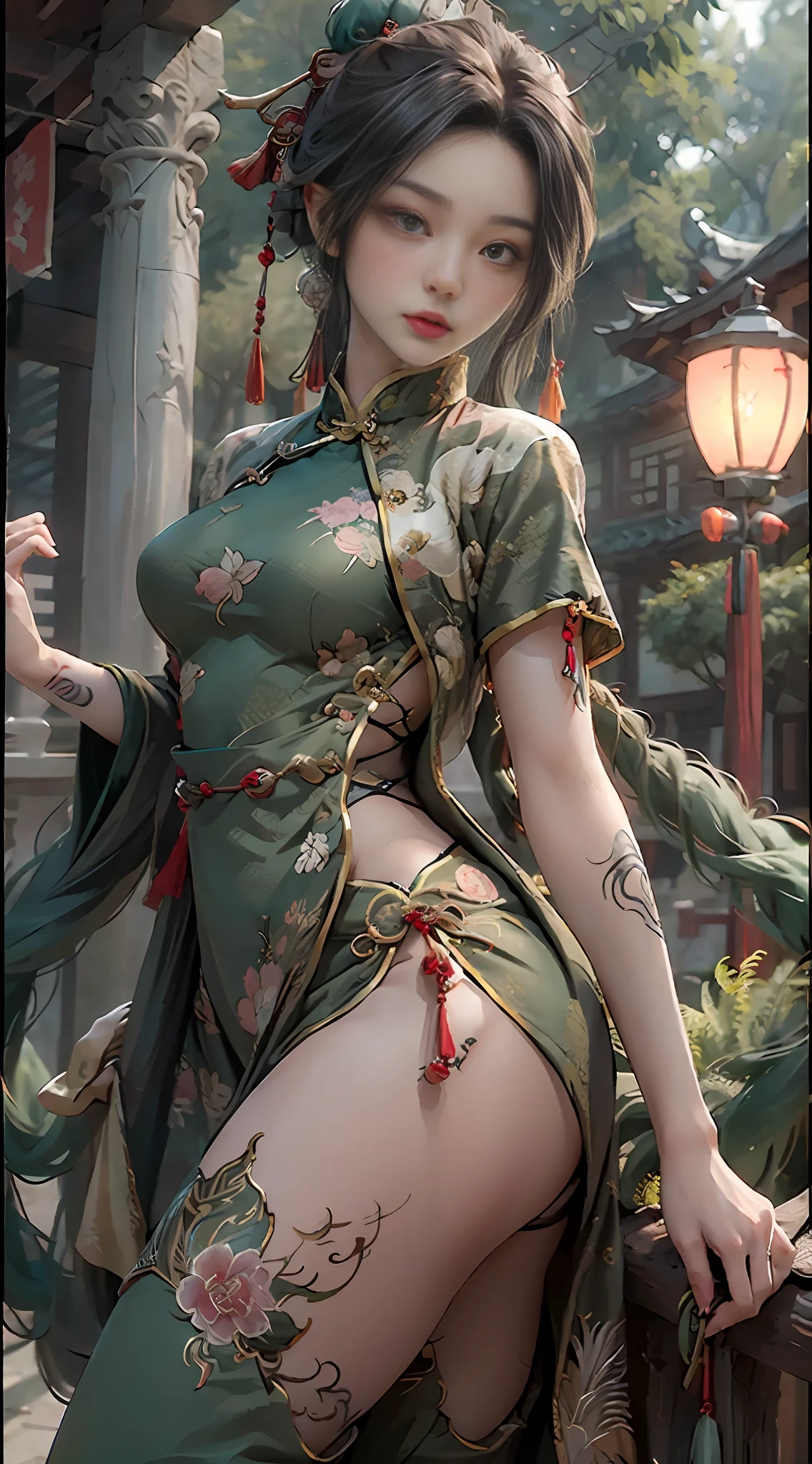 ((best qualtiy)), ((tmasterpiece)), (the detail:1.4), 3D,There is a black dragon behind the beauty，The middle view is a black dragon，There is a dragon circling around the beauty，Exposed skin on the chest，expose arms，The green cheongsam has an open back and a high slit，Split to the waist，Tattoo exposure，Expose the waist and buttocks，There are tattoos on the buttocks and waist，Very exposed，Bigboobs，in front of temple，photographed，With Chinese temples，It has an ancient Chinese aesthetic，The temple behind her，With your back to the camera，Taoist temple，Chinese architecture，inspired by Wang Yi，low quality photo，With your back to the camera，focused photo， Chinese tradition， ,hdr（HighDynamicRange），ancient Chinese costume，Satin costumes，Feminine and sexy，Green hair accessories，Tassel earrings，Ray traching,NVIDIA RTX,Hyper-Resolution,Unreal 5,Subsurface scattering、PBR Texture、post-proces、Anisotropy Filtering、depth of fields、maximum definition and sharpness、Many-Layer Textures、Albedo e mapas Speculares、Surface coloring、Accurate simulation of light-material interactions、perfectly proportions、rendering by octane、Two-colored light、largeaperture、Low ISO、White balance、the rule of thirds、8K raw data、Ultra-fine detail of facial features，detail in face，Finger details，Perfect body，Skin texture，faucet，8k