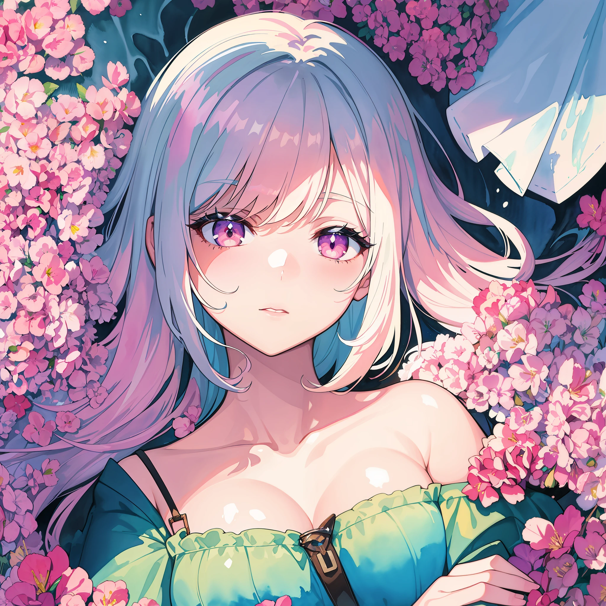 1girl,flower, Lisianthus ,in the style of light pink and light azure, dreamy and romantic compositions, pale pink, ethereal foliage, playful arrangements,fantasy, high contrast, ink strokes, explosions, over exposure, purple and red tone impression , abstract, ((watercolor painting by John Berkey and Jeremy Mann )) brush strokes, negative space,