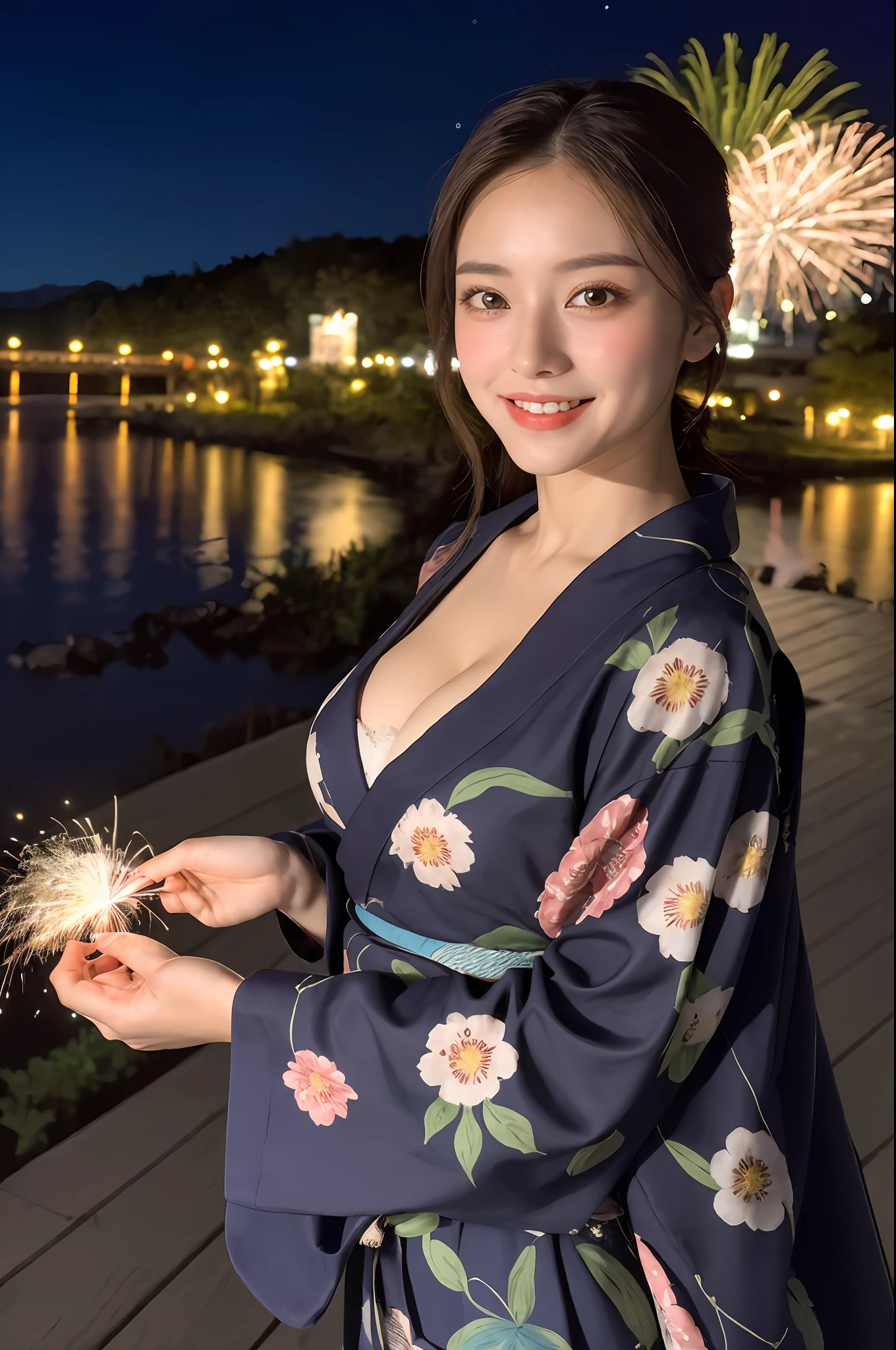 ((masterpiece, highest quality, super definition, high definition)), solo, beautiful girl, shining eyes, perfect eyes, beautiful sister of Japan, fluffy breasts, cleavage, fireworks at night in the background, high quality, 4K, floral yukata, fireworks