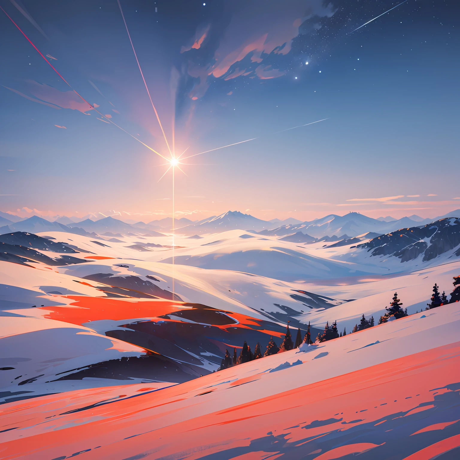 Tranquil sky and interstellar space，Watch the glorious sunset，Sporadic peaks in the distance，CG,Ultra-clear quality --auto