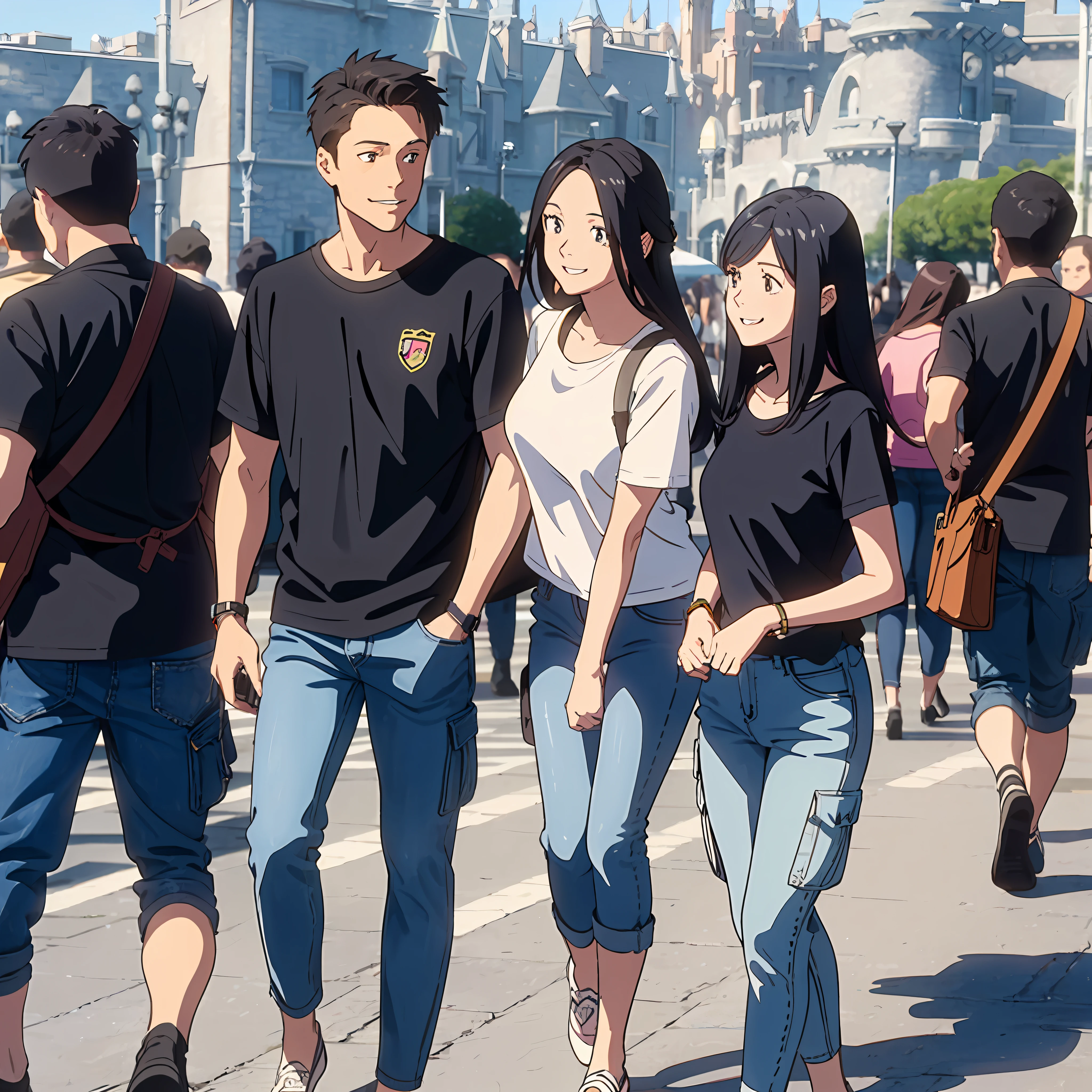 Anime, background must Disneyland castle, low hight cute man who is wearing short blue T-shirt, and black cargo pants, tall height girl who is wearing black sexy shirt with blue jeans. They smile and they are taking picture of their faces --auto