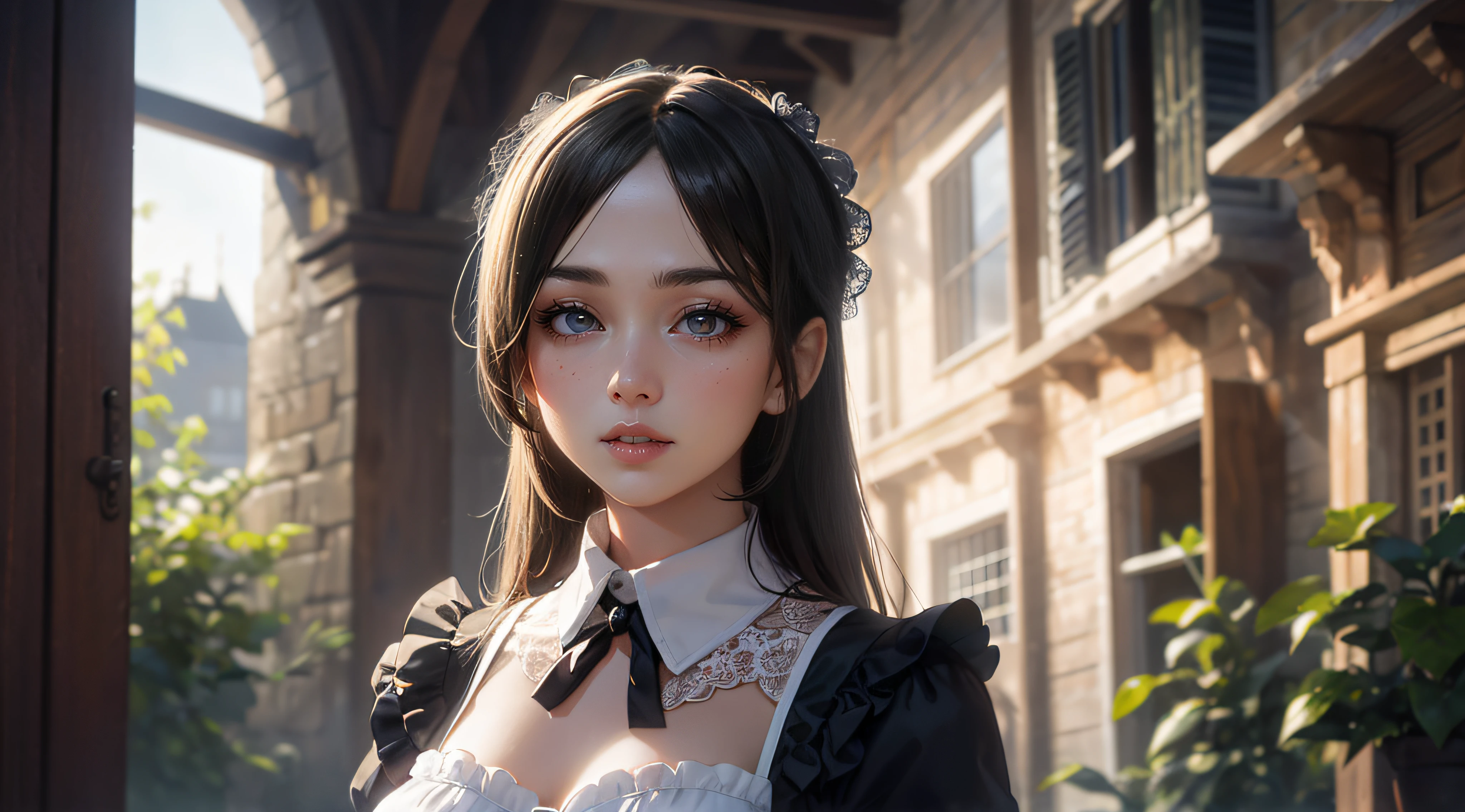 A stunning photograph of a girl in sexy maid outfit, beautiful eyes, detailed eyes, detailed face, standing in an old manor, captured in a naturalistic style by photographers Sam Yang and Ross Tran. The scene is highly-detailed, with intricate textures on the lady's clothing and sharp focus on the surrounding buildings. The lighting is bright and optimistic, with the sunlight creating a warm glow and a sense of hope and positivity,