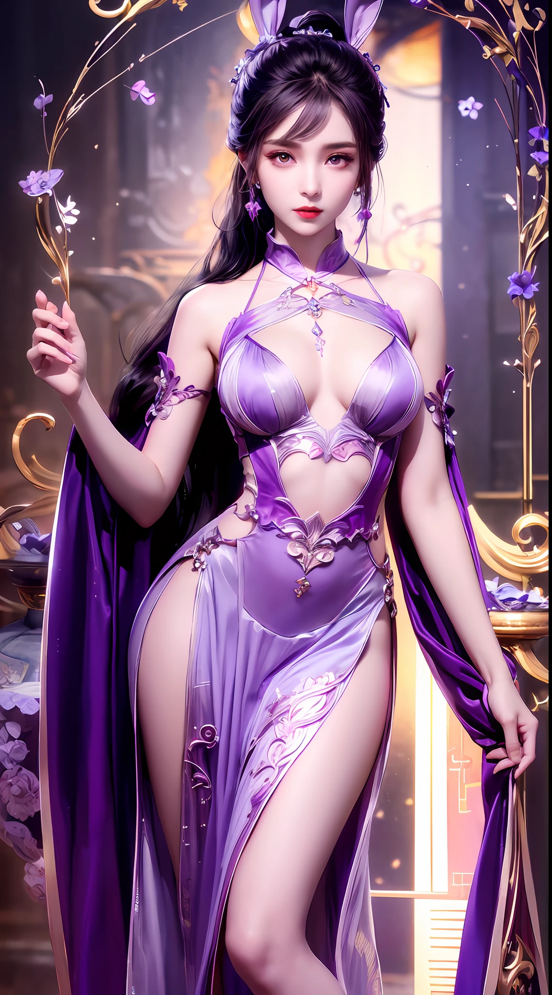 1 very beautiful girl in hanfu dress, thin purple silk shirt with many white motifs, white lace top, long bangs and long ponytail in purple platinum, gorgeous hair jewelry, pretty face and cute, flawless face, earring jewelry, light purple bunny ears, neck jewelry, big purple eyes drawn meticulously, meticulous makeup, thin eyebrows, high nose, red lips pretty, no smile, pursed lips, rosy cheeks, wide breasts, big breasts, well-proportioned bust, slim waist, purple mesh socks, Chinese hanfu style, fictional art patterns, vivid colors and legs real , RAW photo, realistic photo, ultra high quality 8k surreal photo, (fantasy light effect: 1.8), 10x pixels, magic effect (background): 1.8), super detailed eyes , beautiful girl upper body portrait, girl alone, ancient hanfu background, looking directly at the audience, wide original photo, 8k quality, super sharp, most detailed and clear picture, bright colors , detailed light background,
