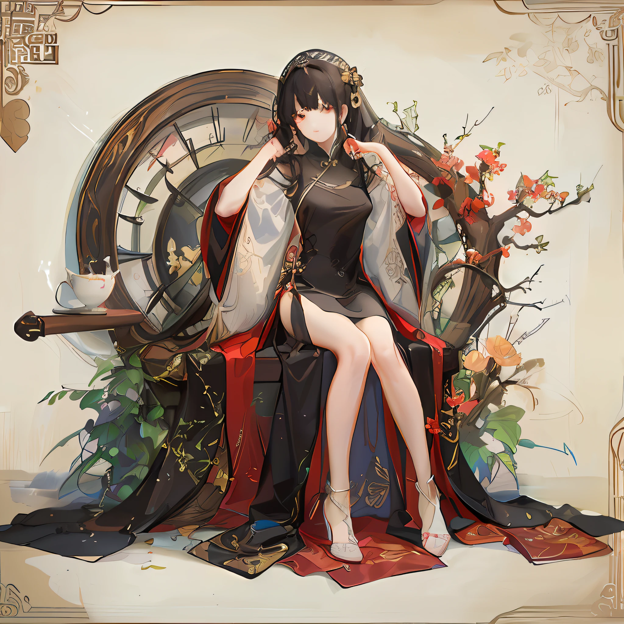 Old mansion,A man sits in an elder's chair,Lie on the tea table with your right hand,Hold your cheeks。Long black hair,Red eyes,indifferent expression,Wear a suit。It was as if a black dragon was wrapped around him。
