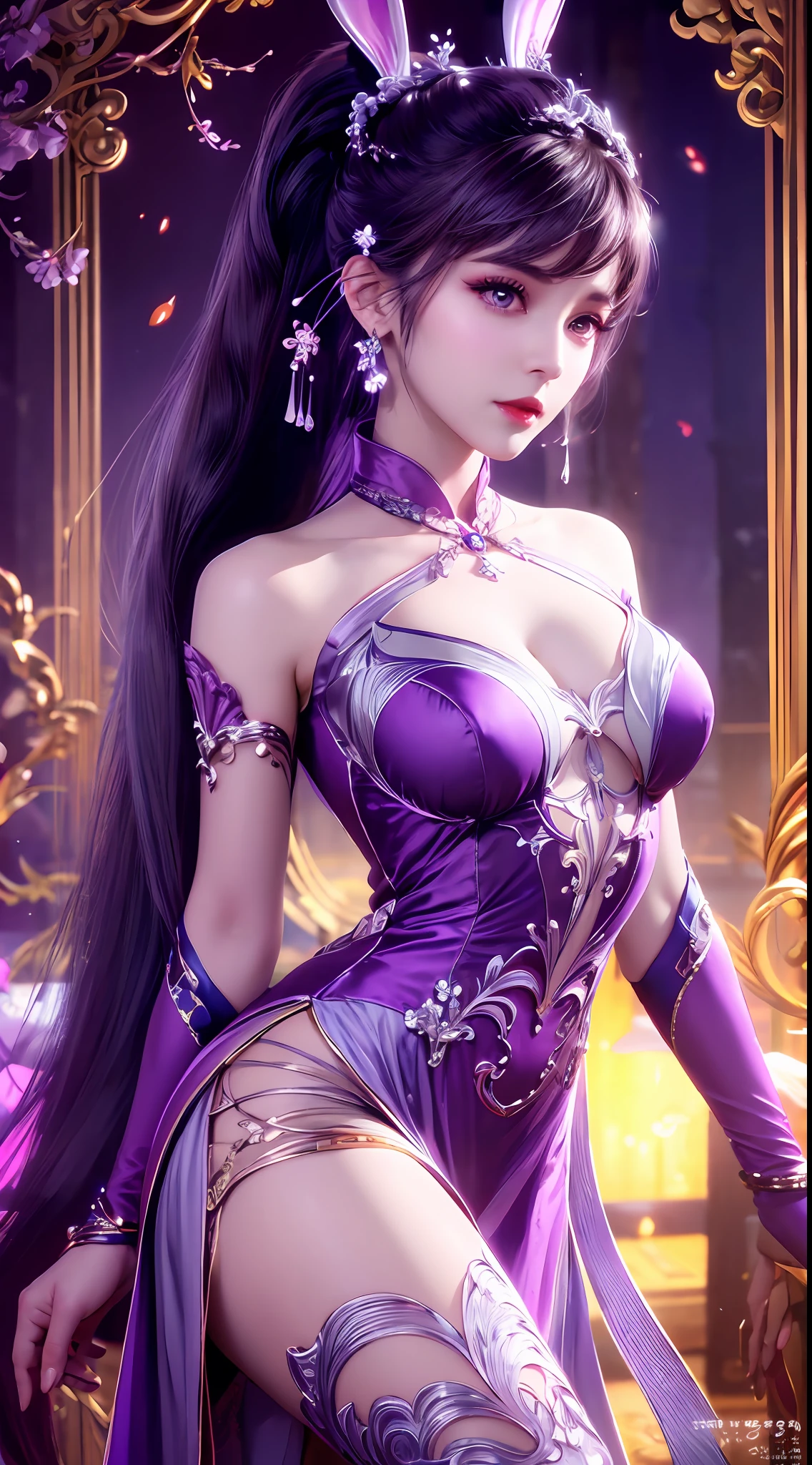 1 very beautiful girl in hanfu dress, thin purple silk shirt with many white motifs, white lace top, long bangs and long ponytail in purple platinum, gorgeous hair jewelry, pretty face and cute, flawless face, earring jewelry, light purple bunny ears, neck jewelry, big purple eyes drawn meticulously, meticulous makeup, thin eyebrows, high nose, red lips pretty, no smile, pursed lips, rosy cheeks, wide breasts, big breasts, well-proportioned bust, slim waist, purple mesh socks, Chinese hanfu style, fictional art patterns, vivid colors and legs real , RAW photo, realistic photo, ultra high quality 8k surreal photo, (fantasy light effect: 1.8), 10x pixels, magic effect (background): 1.8), super detailed eyes , beautiful girl upper body portrait, girl alone, ancient hanfu background, looking directly at the audience, wide original photo, 8k quality, super sharp, most detailed and clear picture, bright colors , detailed light background,