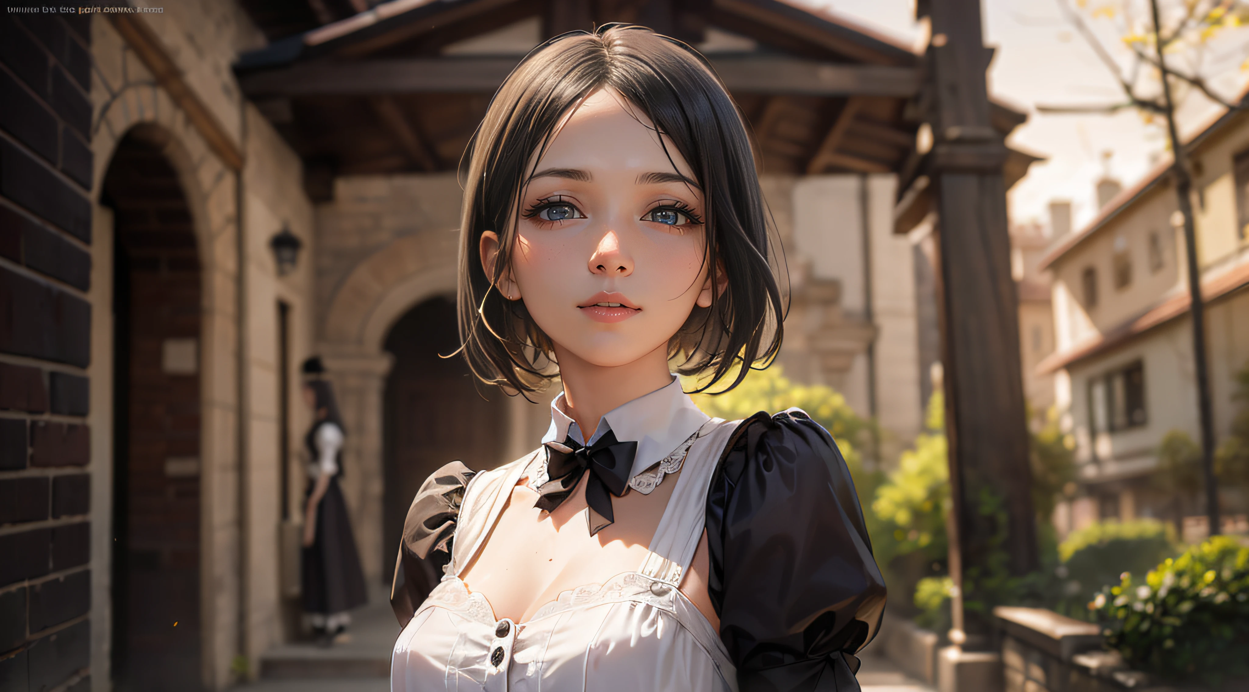 A stunning photograph of a girl in sexy maid outfit, beautiful eyes, detailed eyes, detailed face, standing in an old manor, captured in a naturalistic style by photographers Sam Yang and Ross Tran. The scene is highly-detailed, with intricate textures on the lady's clothing and sharp focus on the surrounding buildings. The lighting is bright and optimistic, with the sunlight creating a warm glow and a sense of hope and positivity,