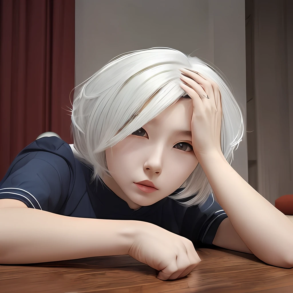 White hair，with a round face，quadratic element，Coiled hair，Lie down，A half body，