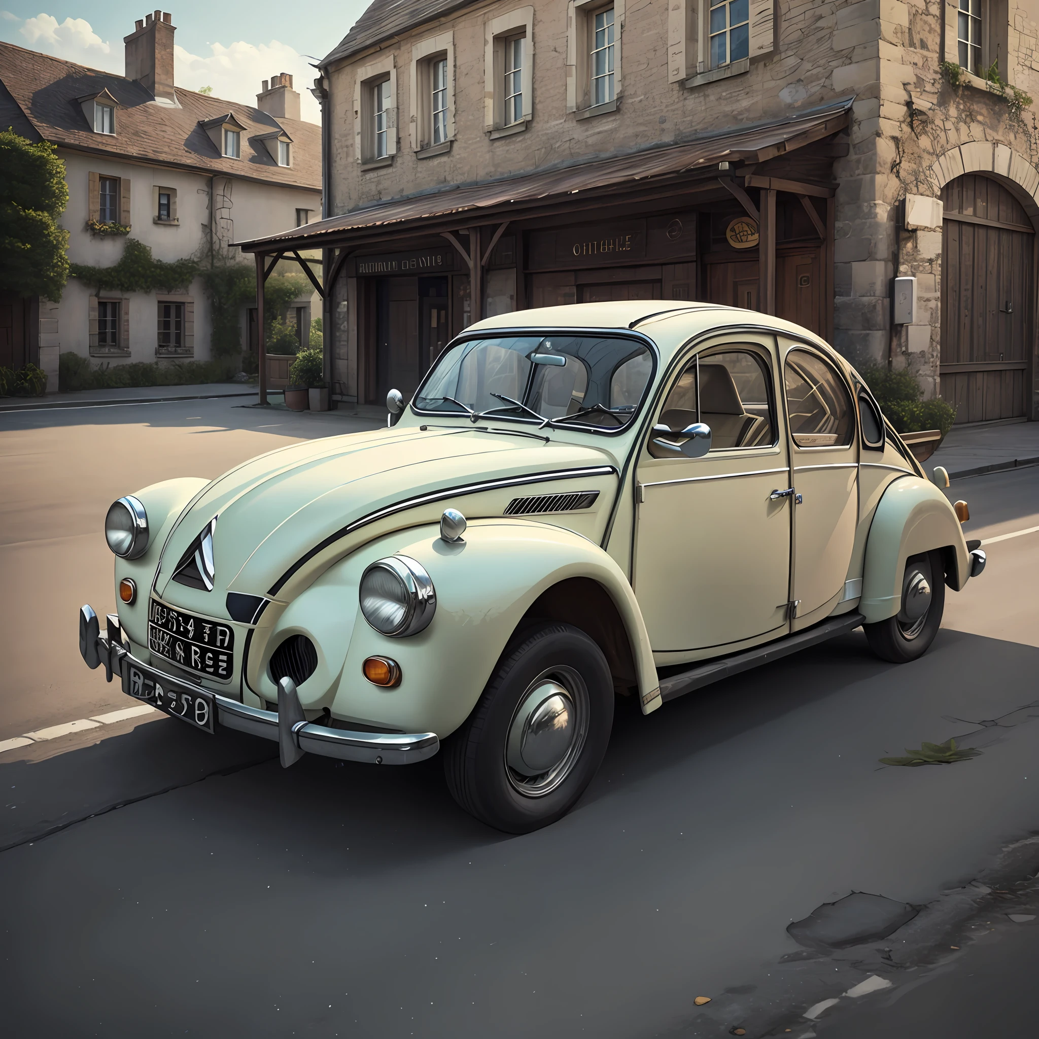(exquisite and classic artwork),(best quality, ultra-detailed CG unity 8k wallpaper),a stunningly vintage and beautiful,floaty scene,1954 Citroën 2CV,classic car,classic french,well-maintained,shiny chrome,retro style,classic white with a black top,scenic countryside,peaceful environment.