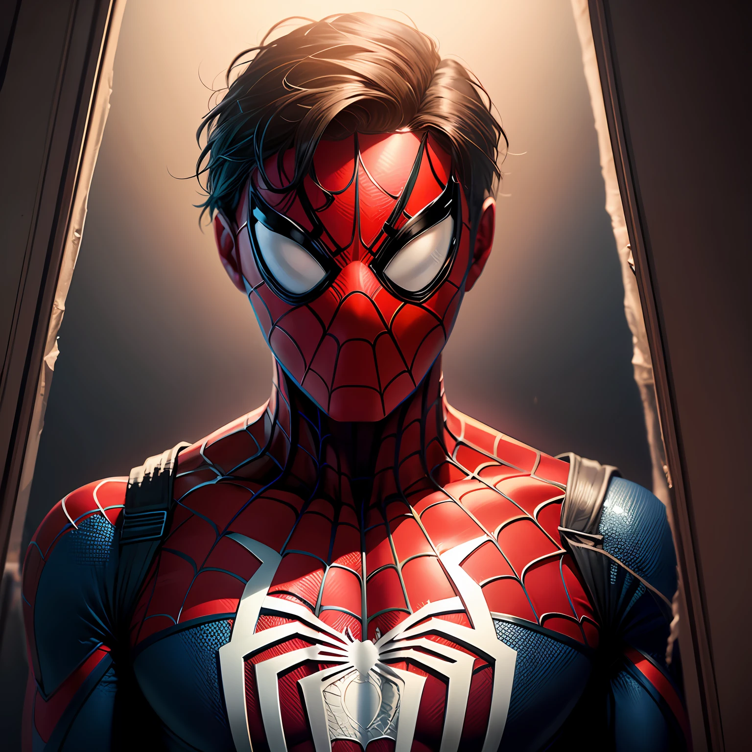 Spider - Man in front of dirty flag background, futuristic style spiderman, Spider - poetry art style, portrait of spiderman, highly detailed spider - man, peter parker, Spidey, spider - man, Spider-Man, in style of marvel and dc, peter parker as spiderman, Spidey!!, Spider-Man in Mospet, in style of marvel comics --auto