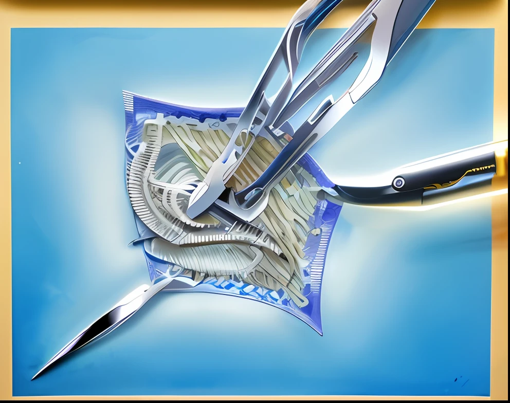 Drawing of a pair of scissors, interventricular foramen, cable wire implants, non-pleated section, Surgery, speculum, respiratory flap, aorta, membrane wings, illustration sharp detail, breastsout, pitch bending, surgical impliments,