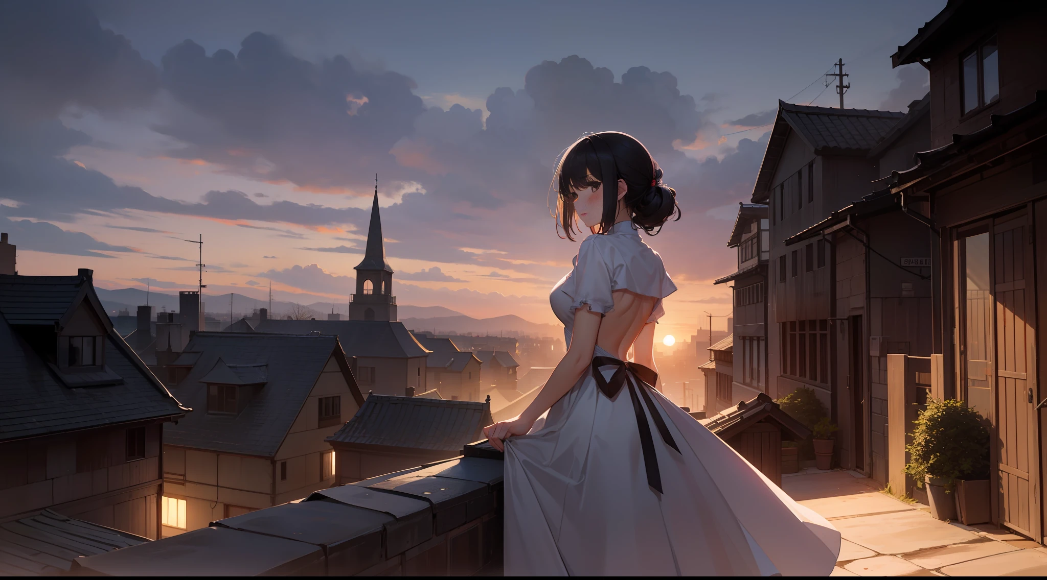 medieval cities，A girl dressed in white sits on the roof，She was surrounded by four walls, Walls and streets，the setting sun，The light from the back window is backlighted。The is very detailed，4k画质，Strong realism。extremy detailed
