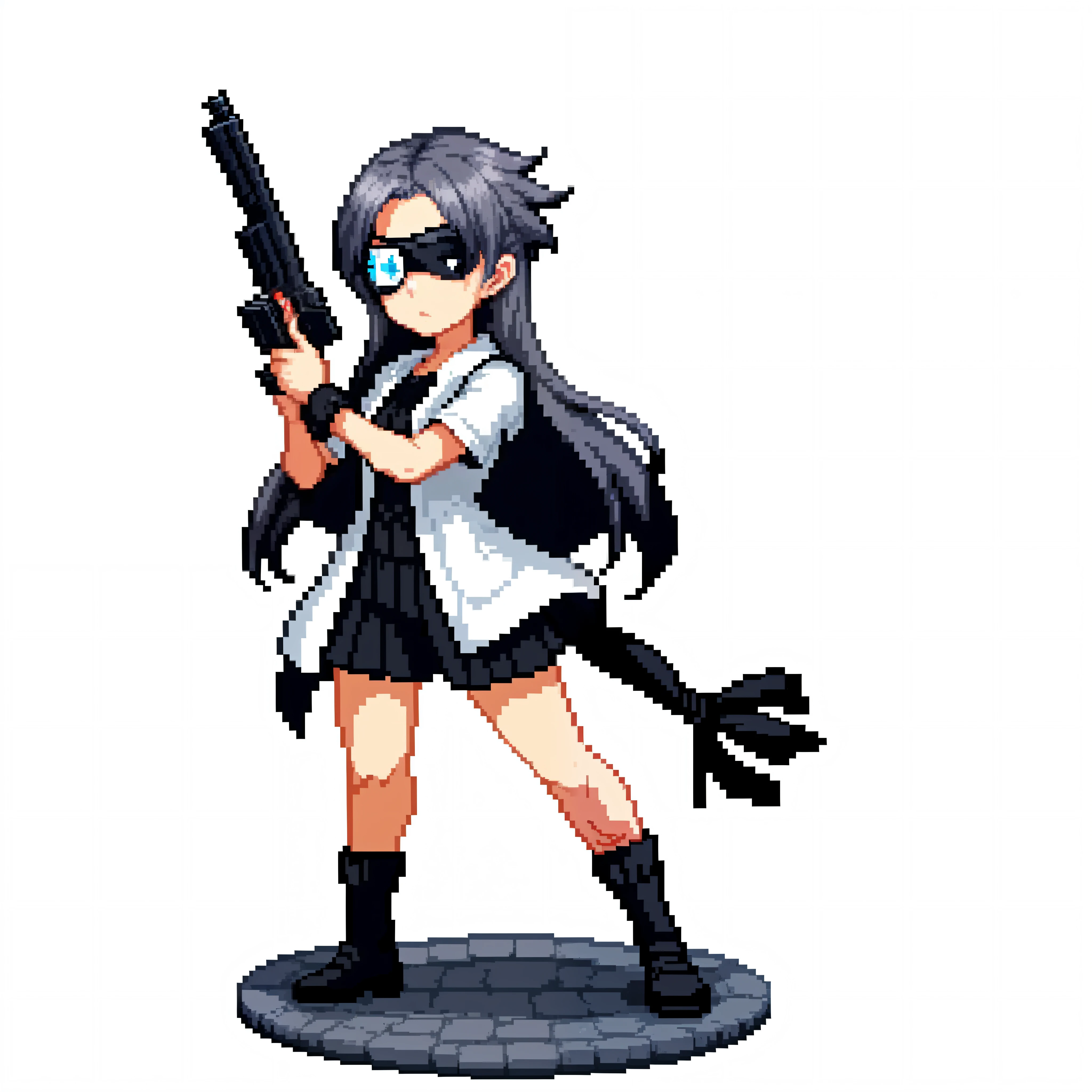 (masterpiece, top quality, best quality), pixel,pixel art,(1girl),full body,white background, long hair, grey hair, black hair, mix hair, dynamic pose, holding gun, eyepatch,